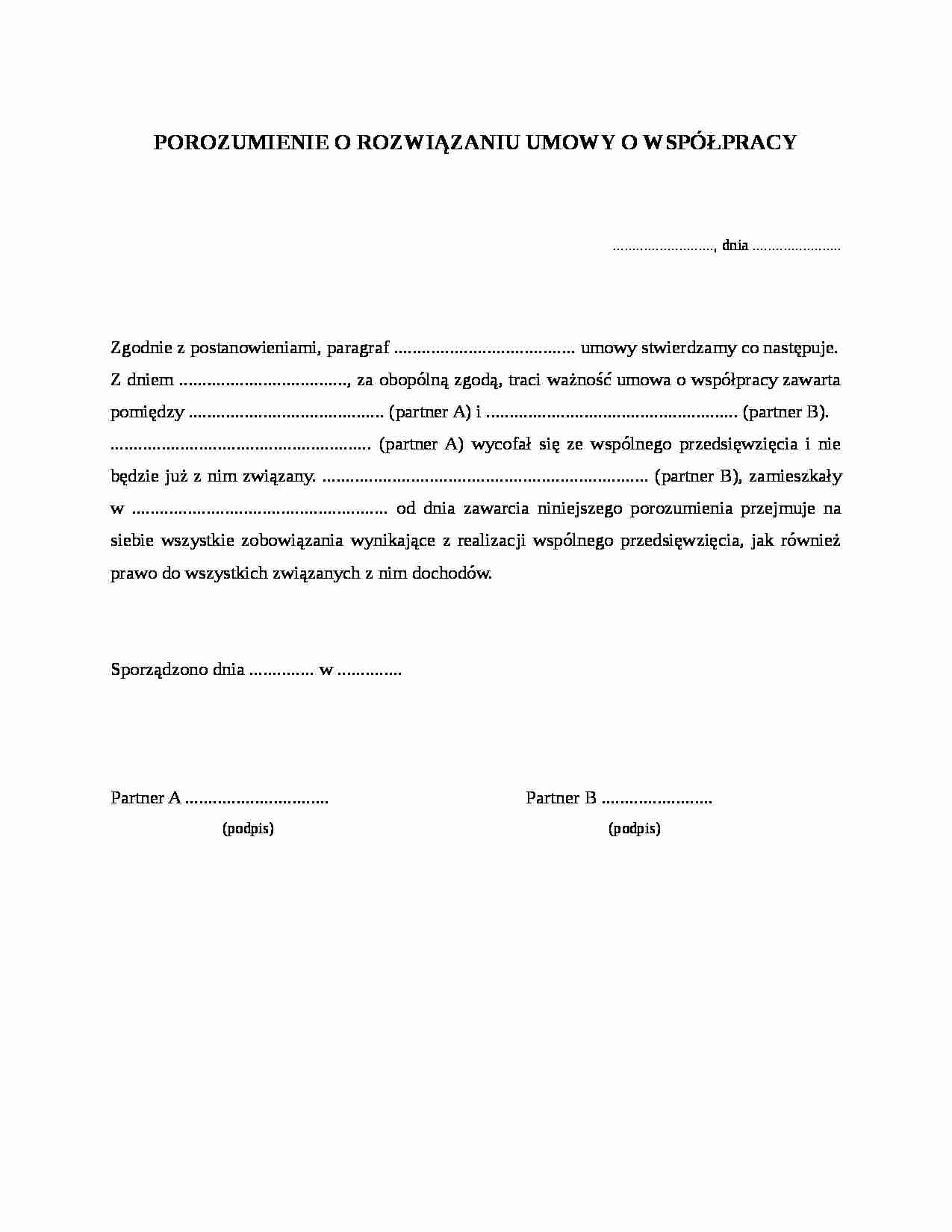 Porozumienie o rozwiązaniu umowy o współpracy - strona 1