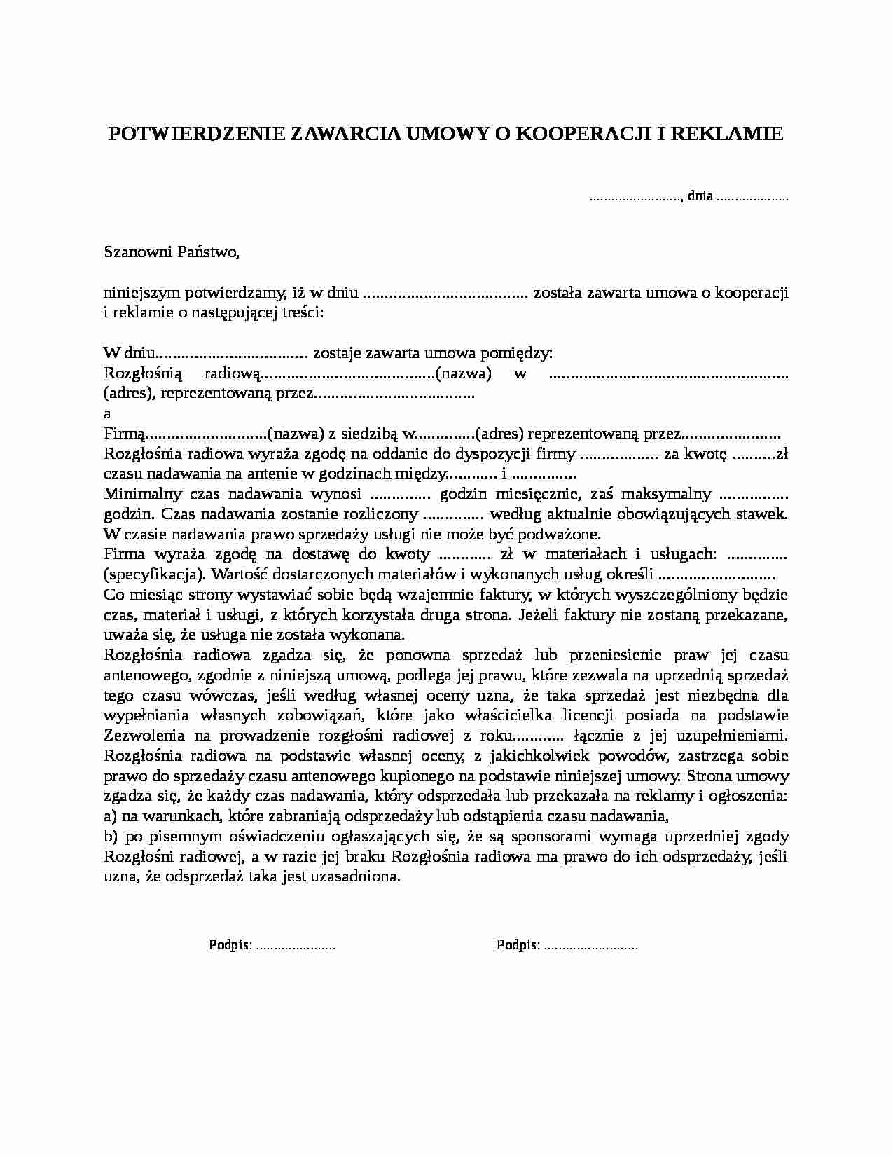 Potwierdzenie zawarcia umowy o kooperacji - strona 1