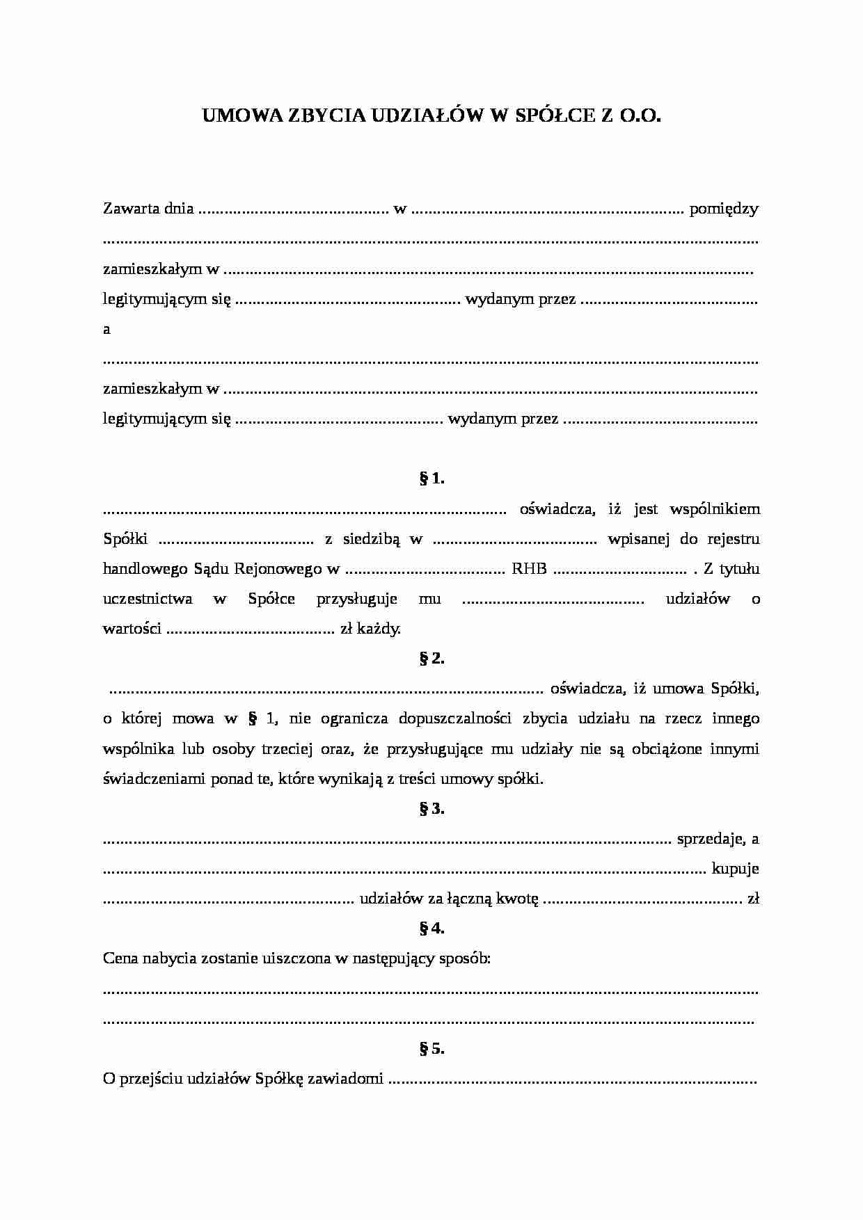 Wzór-Umowa zbycia udziałów w spółce z o.o. - strona 1