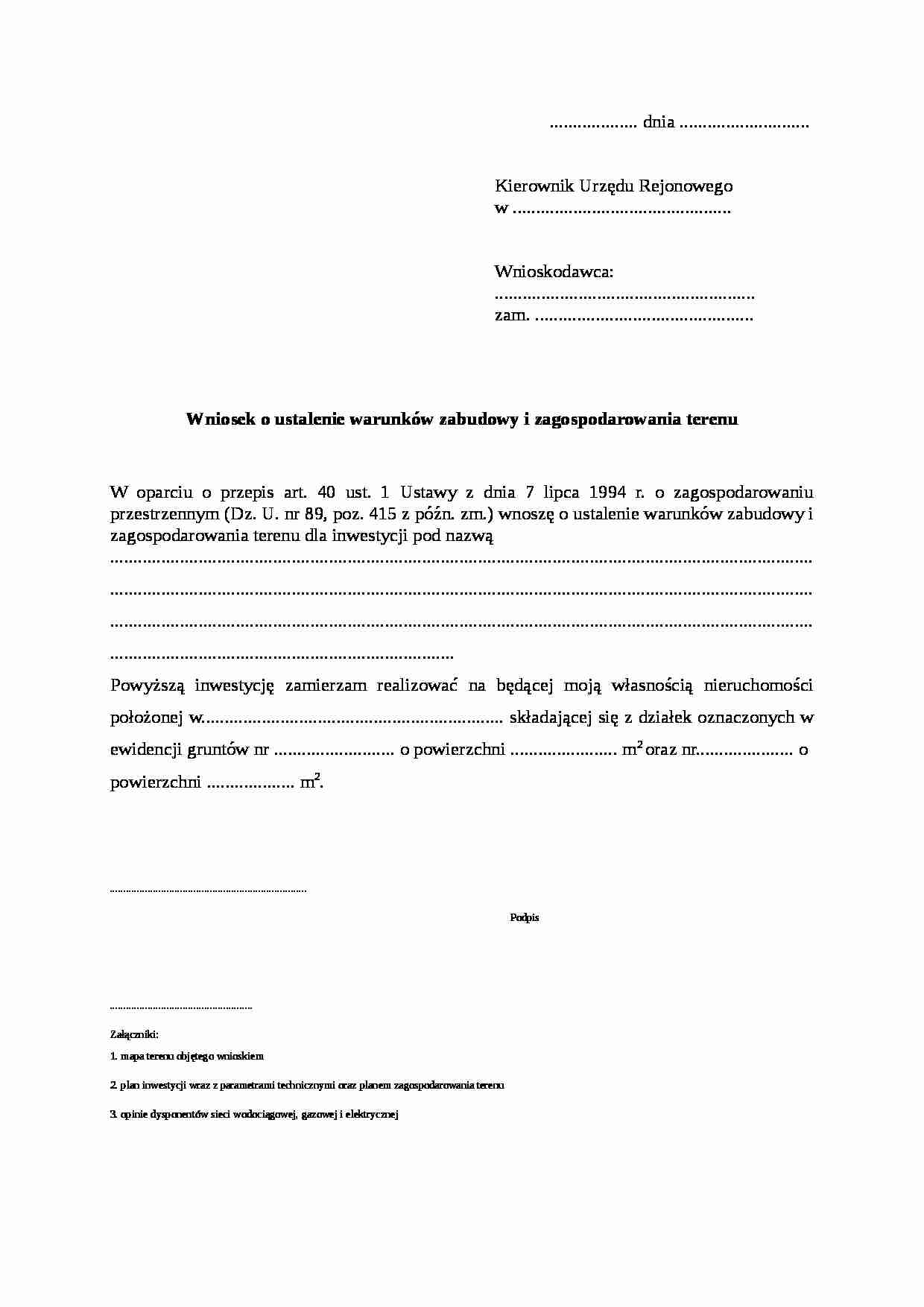 Wzór-Wniosek o ustalenie warunków zabudowy i zagospodarowania - strona 1