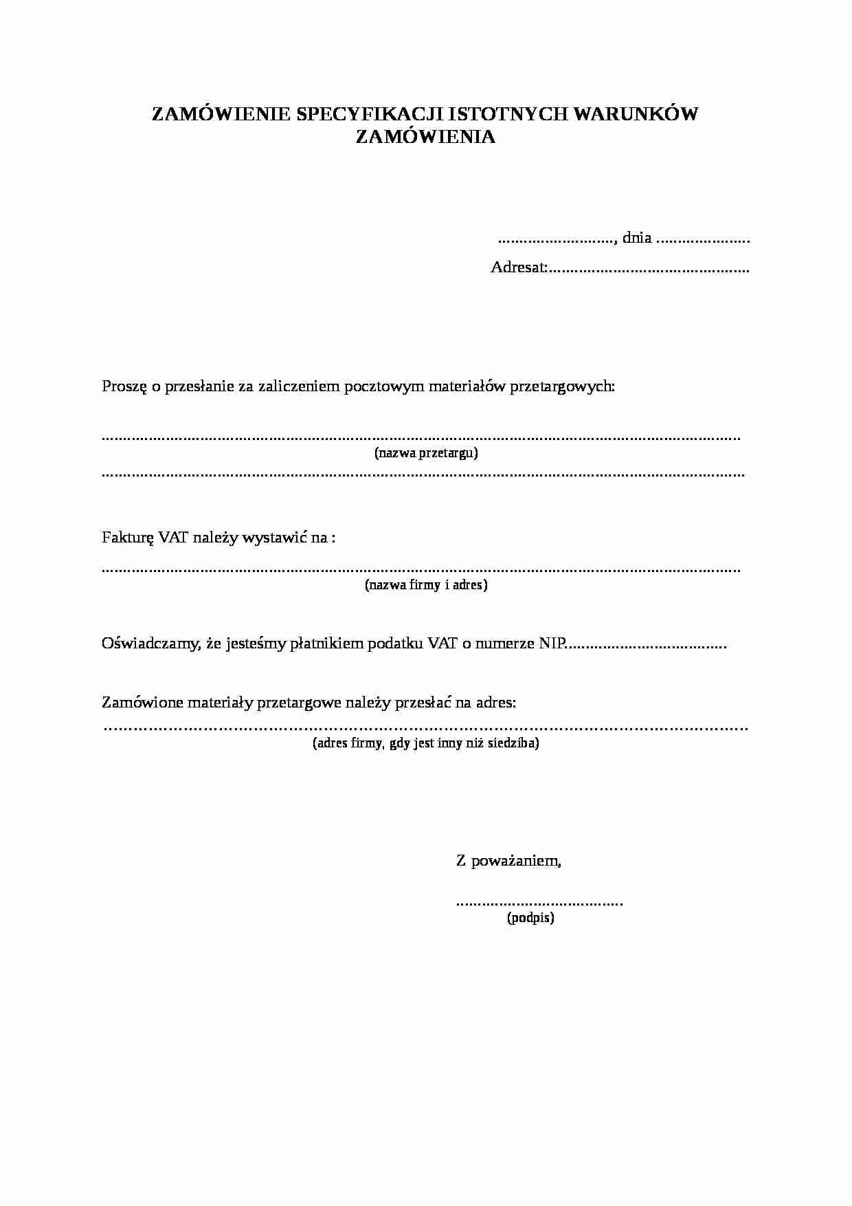 Wzór-Zamówienie specyfikacji istotnych warunków - strona 1