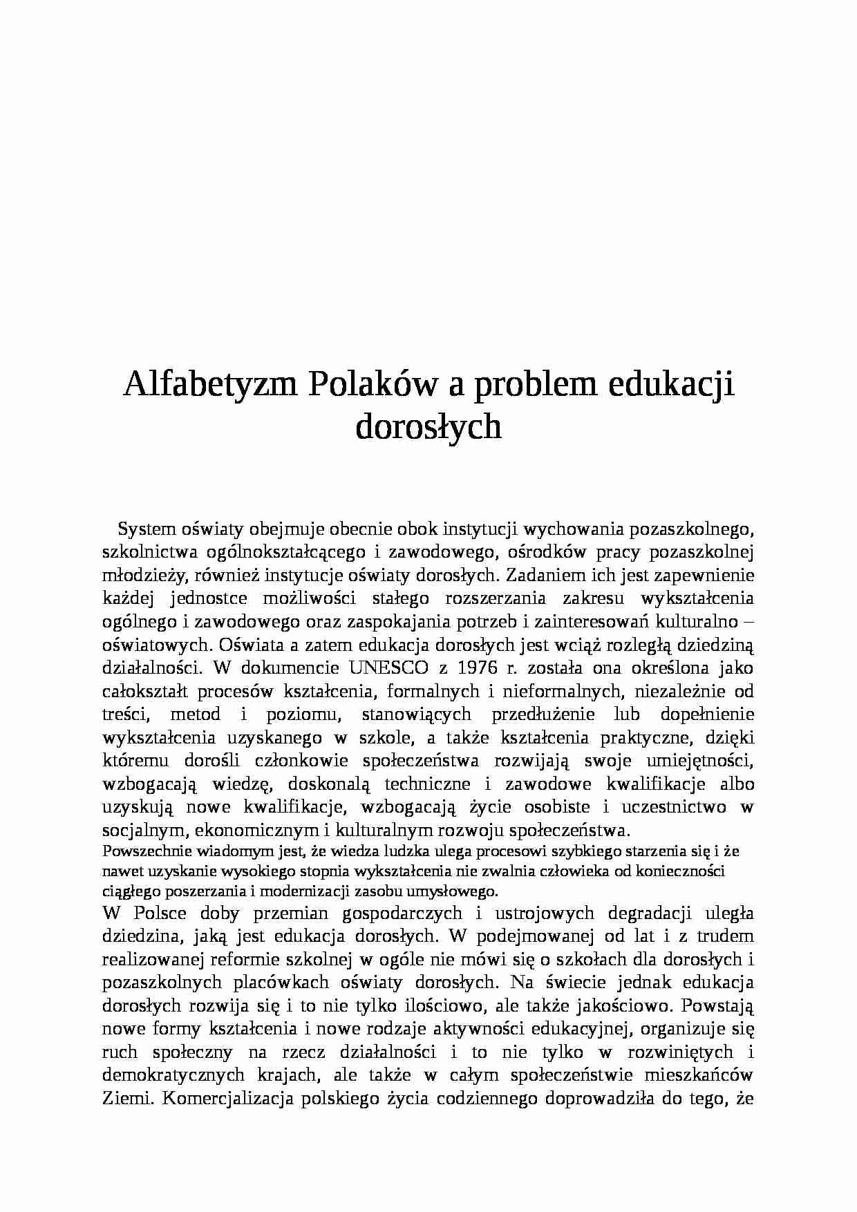 Alfabetyzm Polaków a problem edukacji dorosłych- pedagogika - strona 1