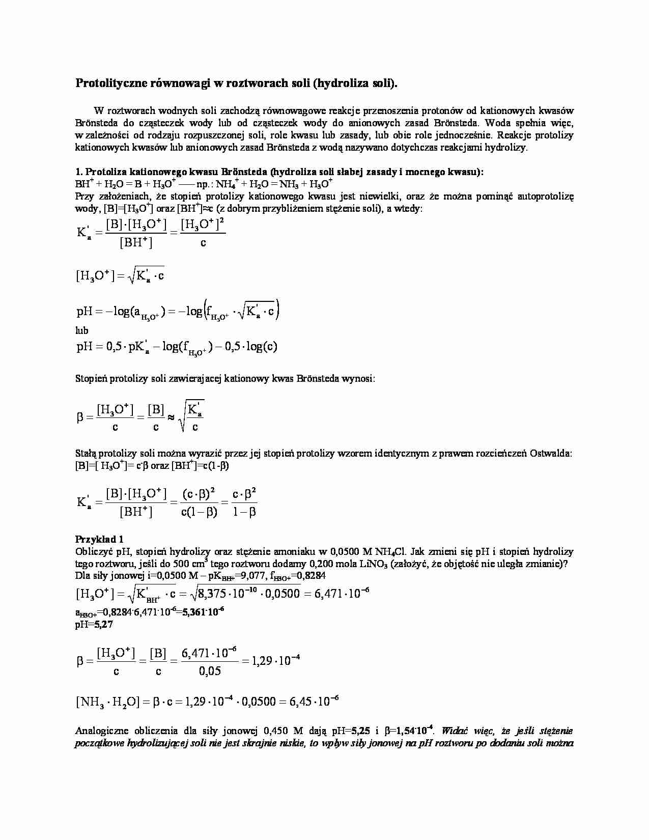 Protolityczne równowagi w roztworach soli -opracowanie - strona 1