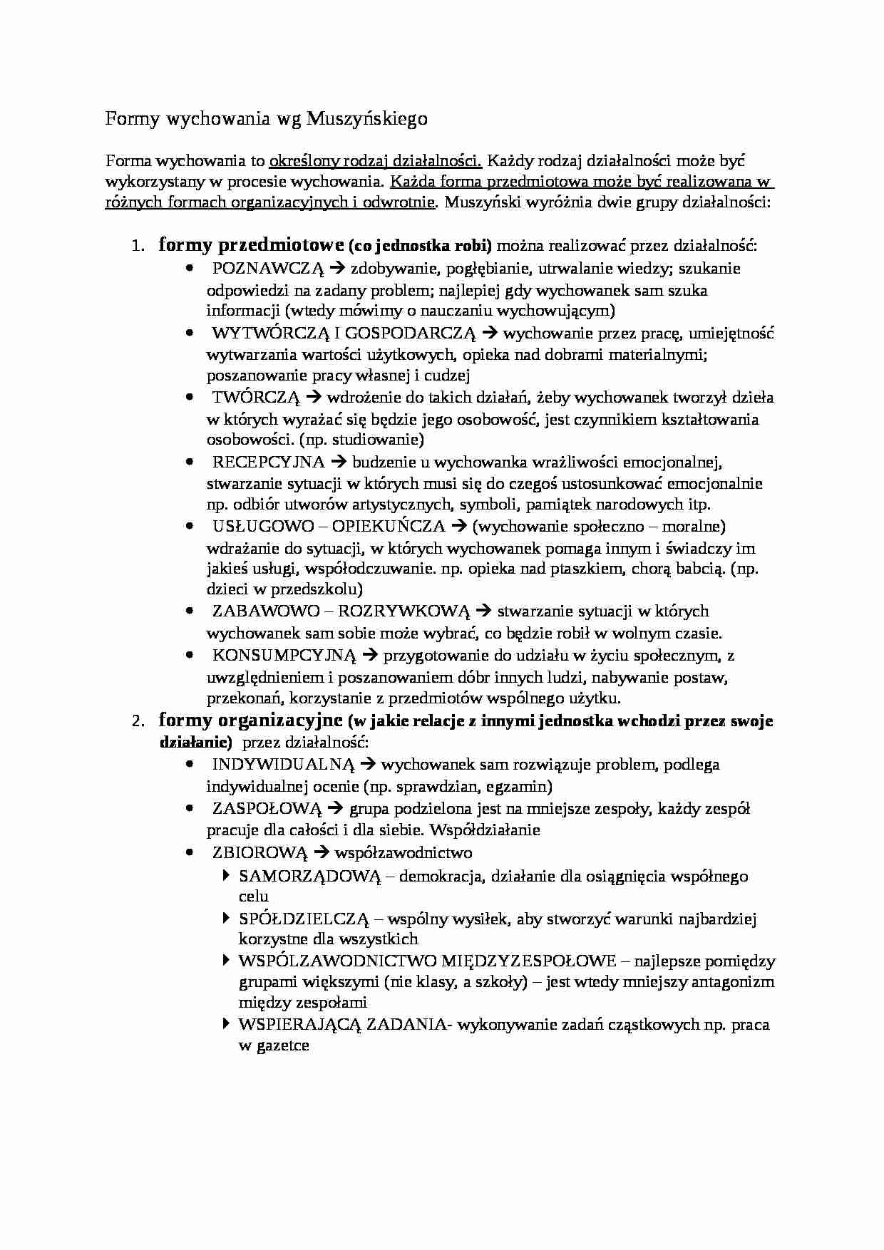 Formy wychowania wg Muszyńskiego- pedagogika - strona 1