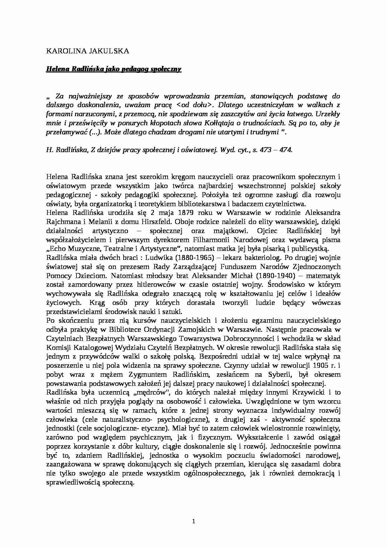 Helena Radlińska jako pedagog społeczny- pedagogika - strona 1