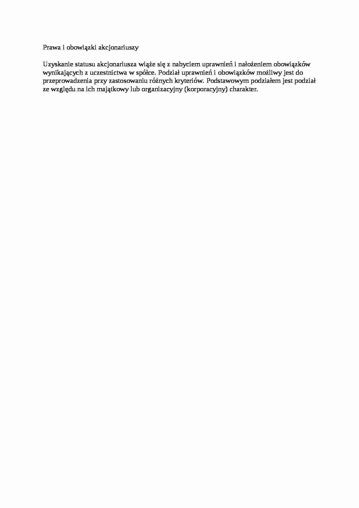 Prawa i obowiązki akcjonariuszy - opracowanie - strona 1