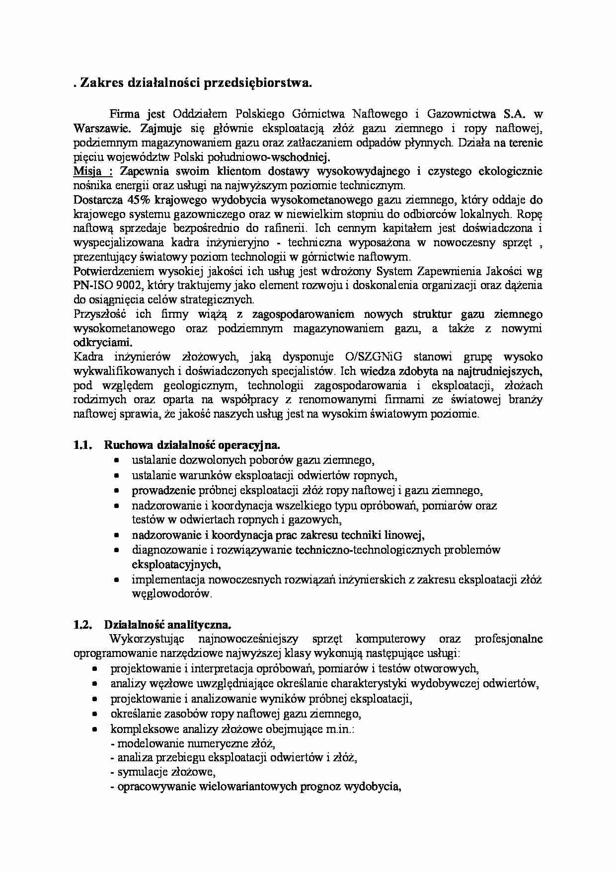 Zakres działalności Oddziału Polskiego Górnictwa Naftowego i Gazownictwa S.A. - strona 1
