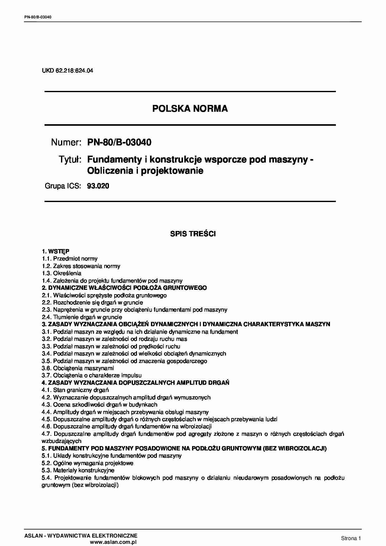 Fundamenty pod maszyny - Polska norma  - strona 1
