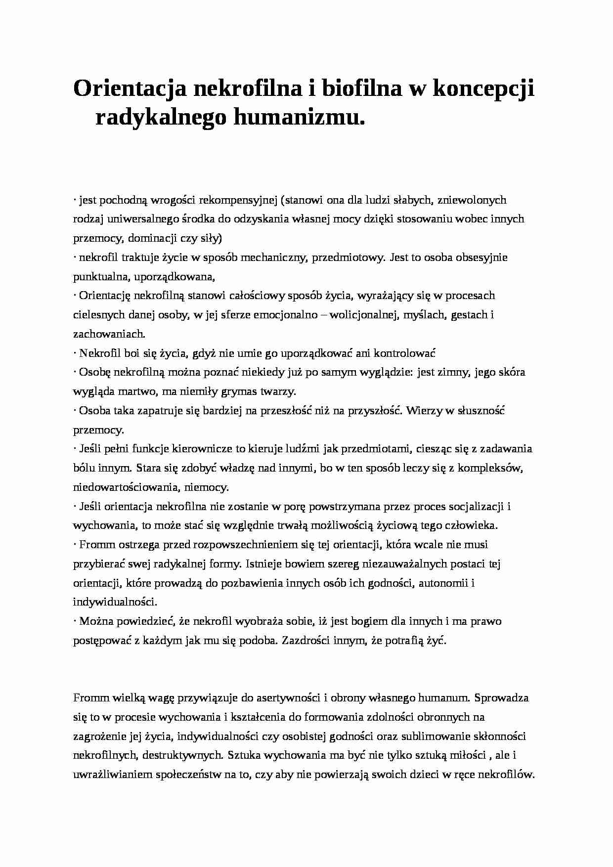 Orientacja nekrofilna i biofilna w koncepcji radykalnego humanizmu- pedagogika - strona 1