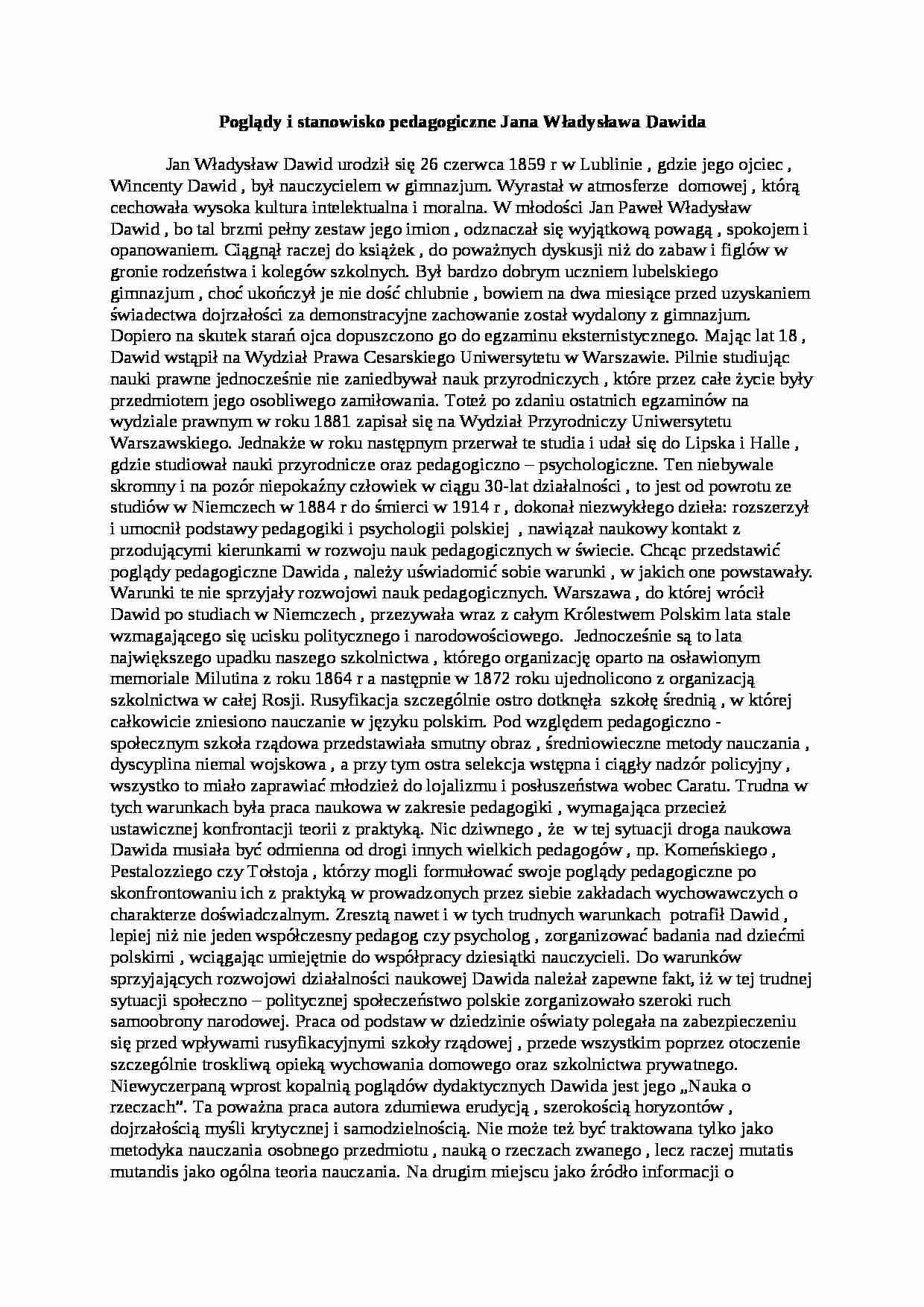 Poglądy i stanowisko pedagogiczne Jana Władysława Dawida- pedagogika - strona 1