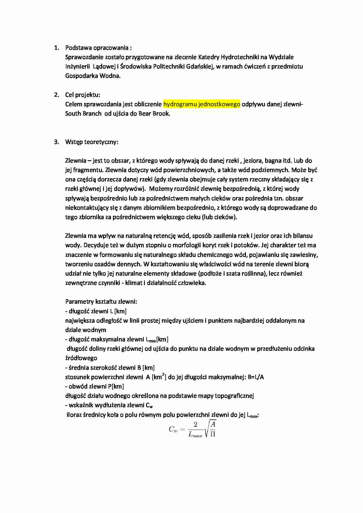 Obliczania hydrogramu jednostkowego - sprawozdanie - strona 1