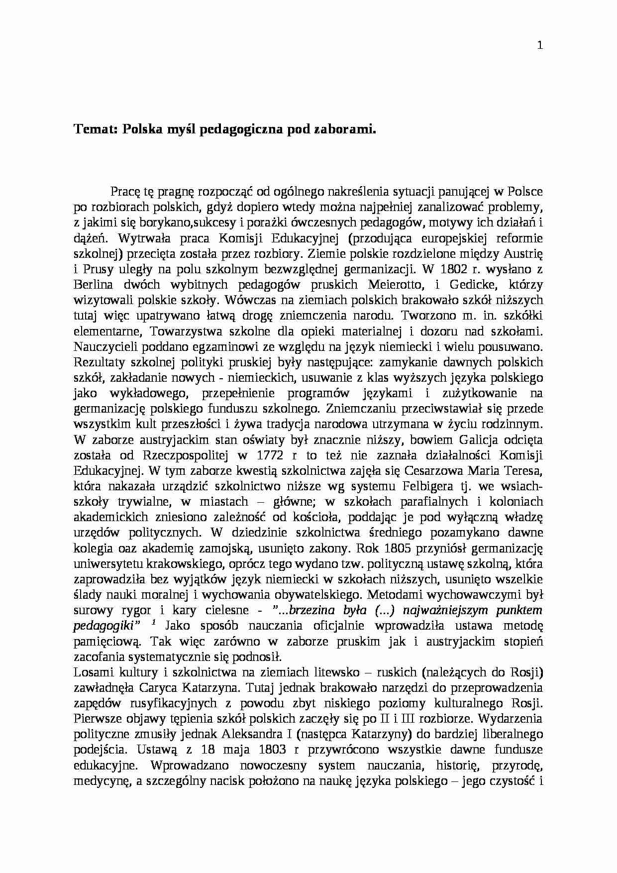 Polska myśl pedagogiczna pod zaborami- pedagogika - strona 1