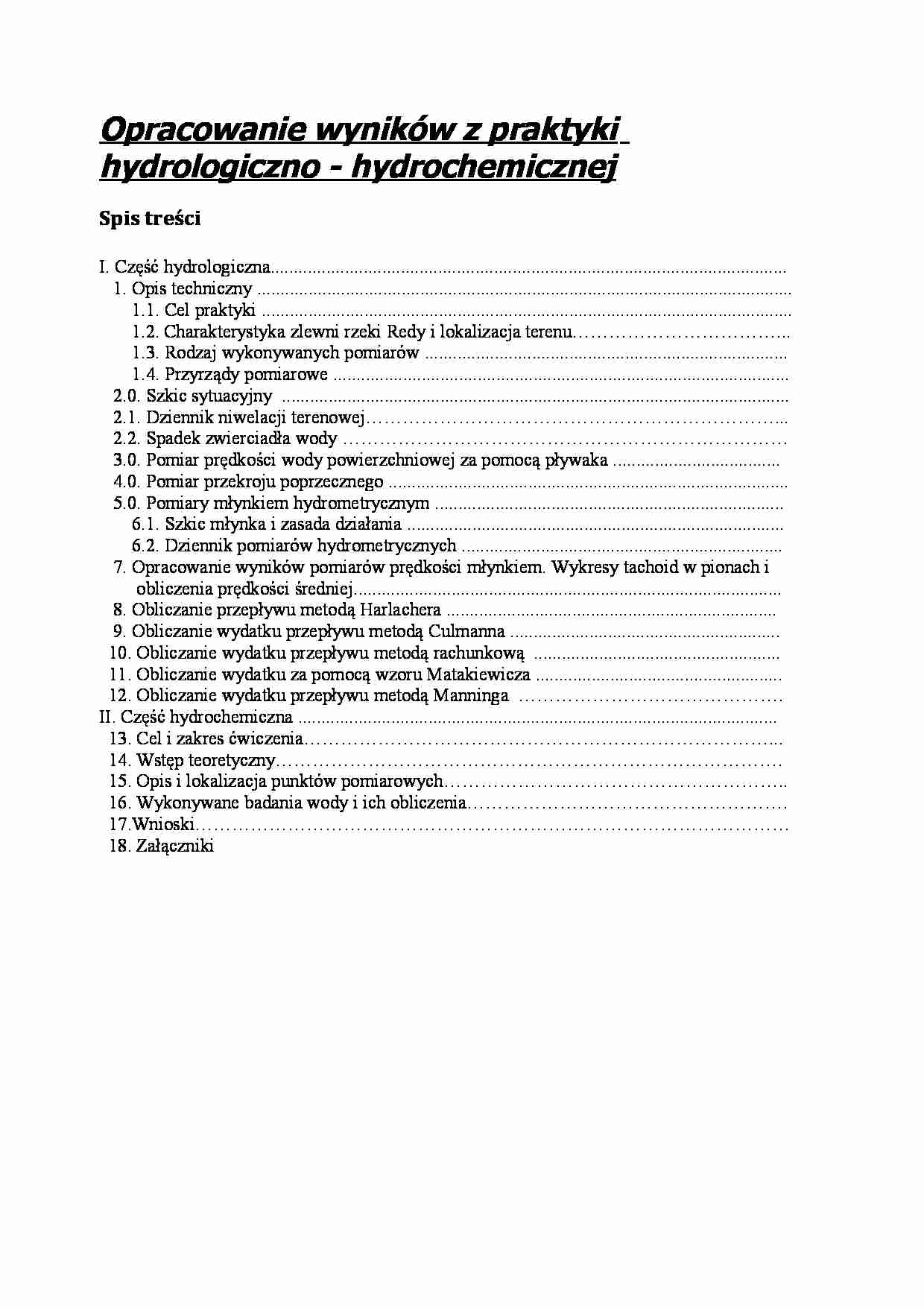 Praktyki hydrologiczno - hydrochemicznej - opracowanie - strona 1