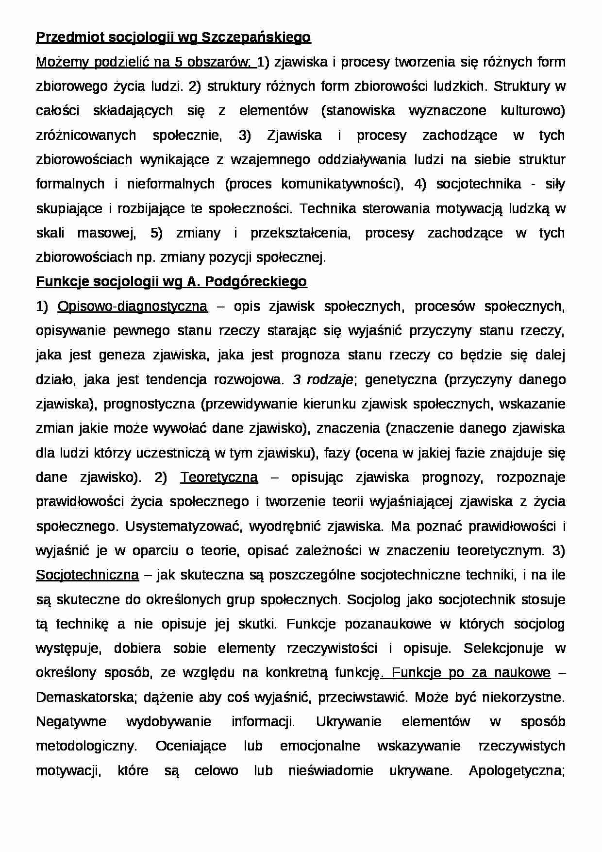 Przedmiot socjologii wg Szczepańskiego- pedagogika - strona 1