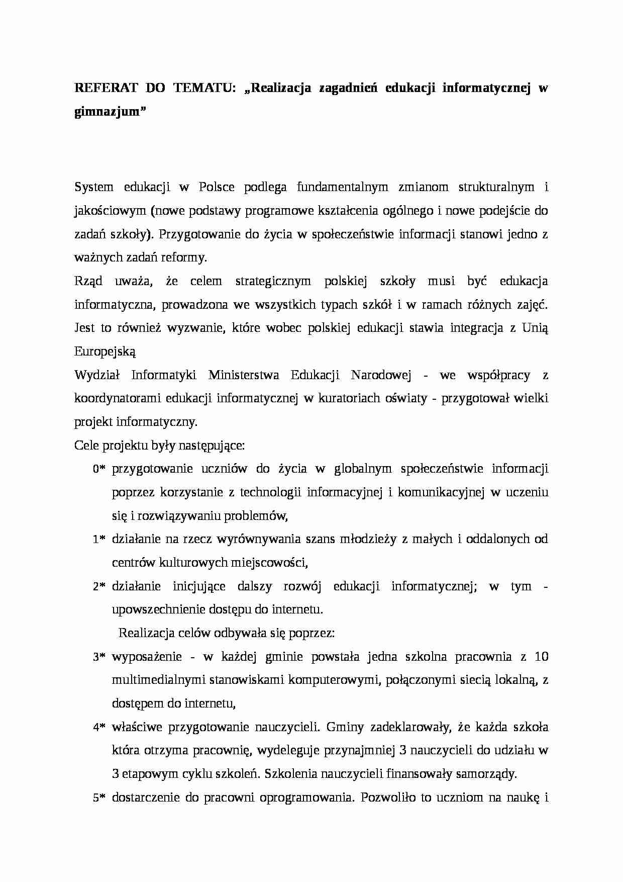 Realizacja zagadnień edukacji informatycznej w gimnazjum- pedagogika - strona 1