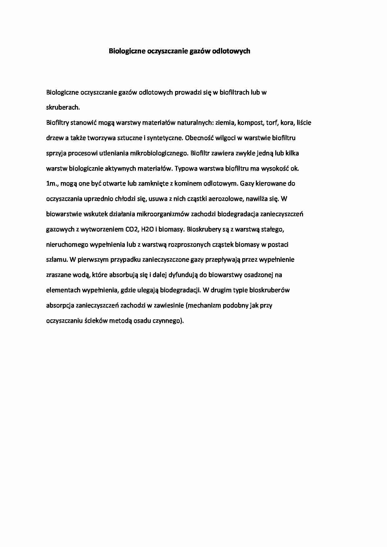 Biologiczne oczyszczanie gazów odlotowych - wykład - strona 1