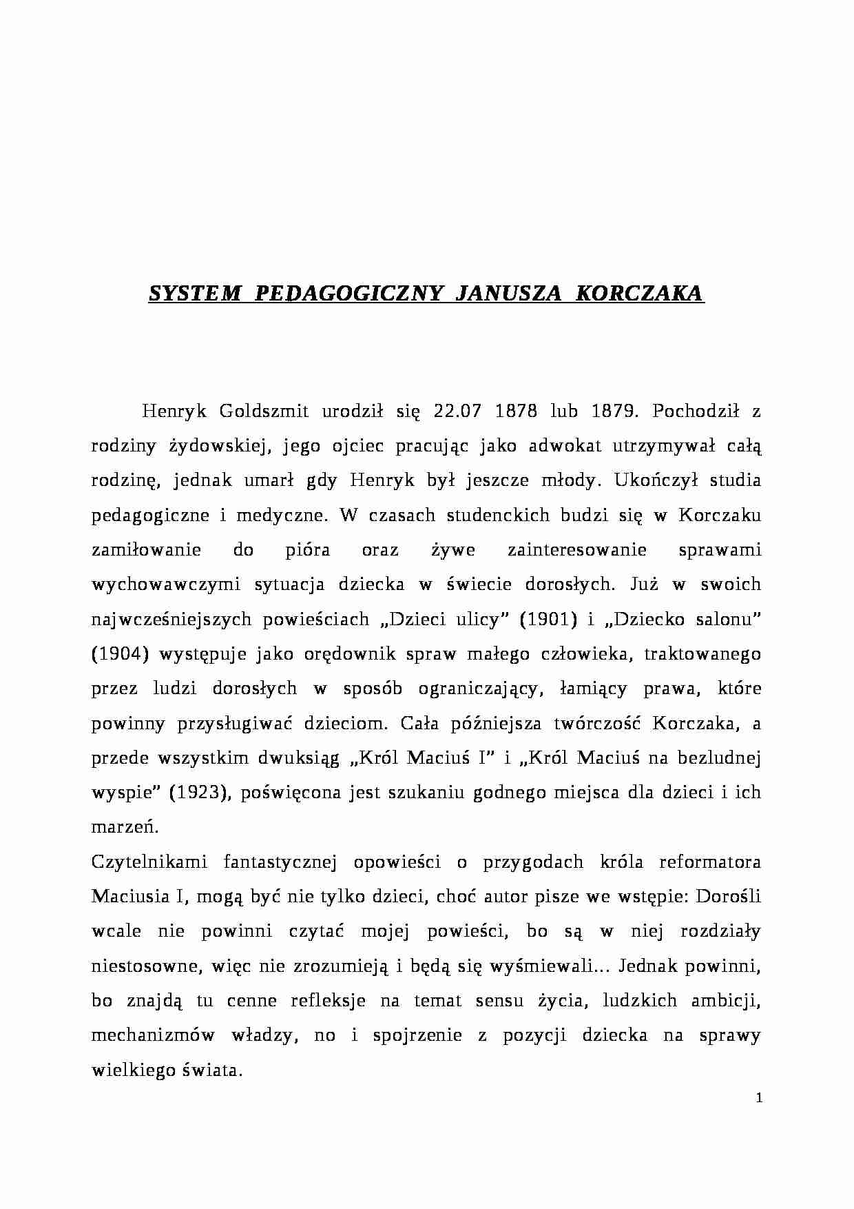 SYSTEM  PEDAGOGICZNY  JANUSZA  KORCZAKA- pedagogika - strona 1