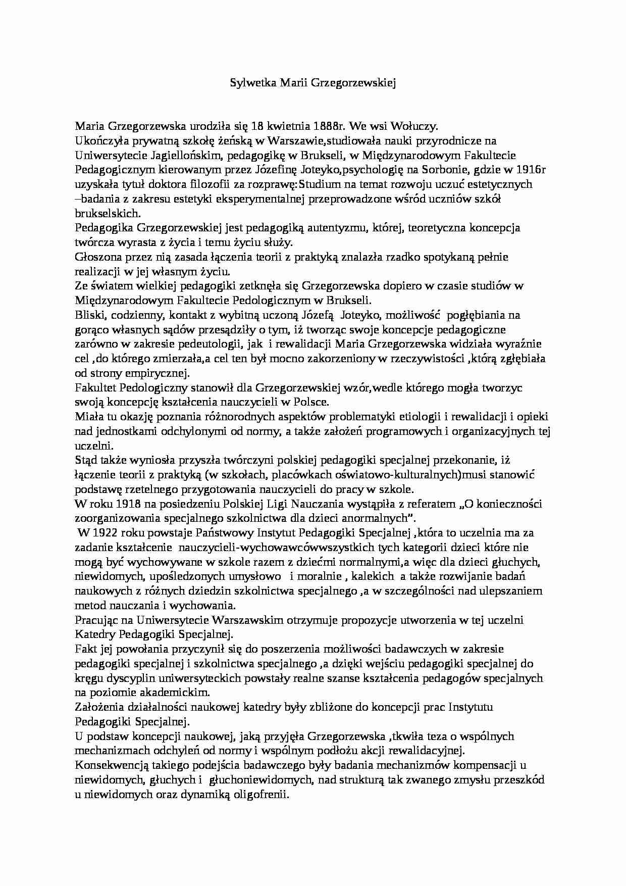 Sylwetka Marii Grzegorzewskiej- pedagogika - strona 1