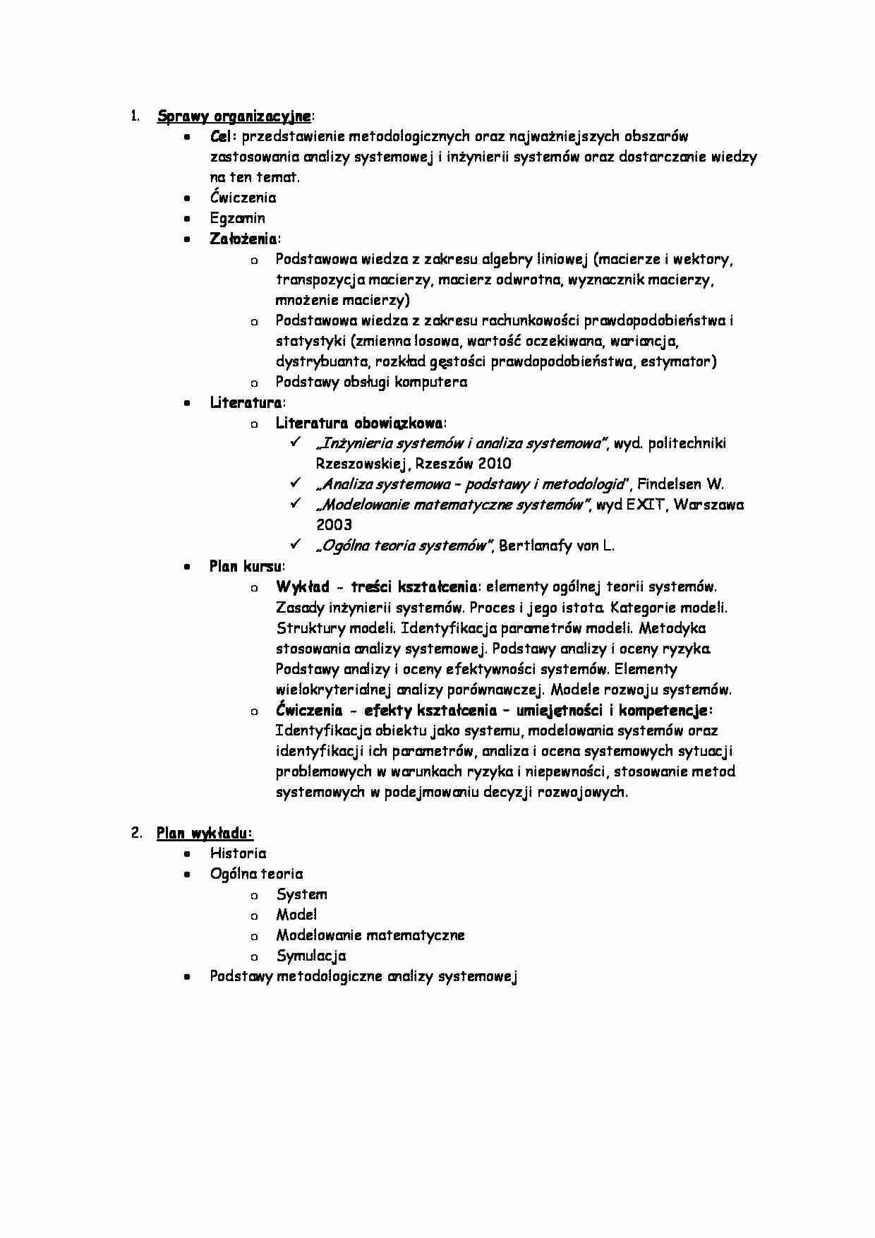 Inżynieria systemów i analiza systemowa - opracowanie spraw organizacyjnych - strona 1