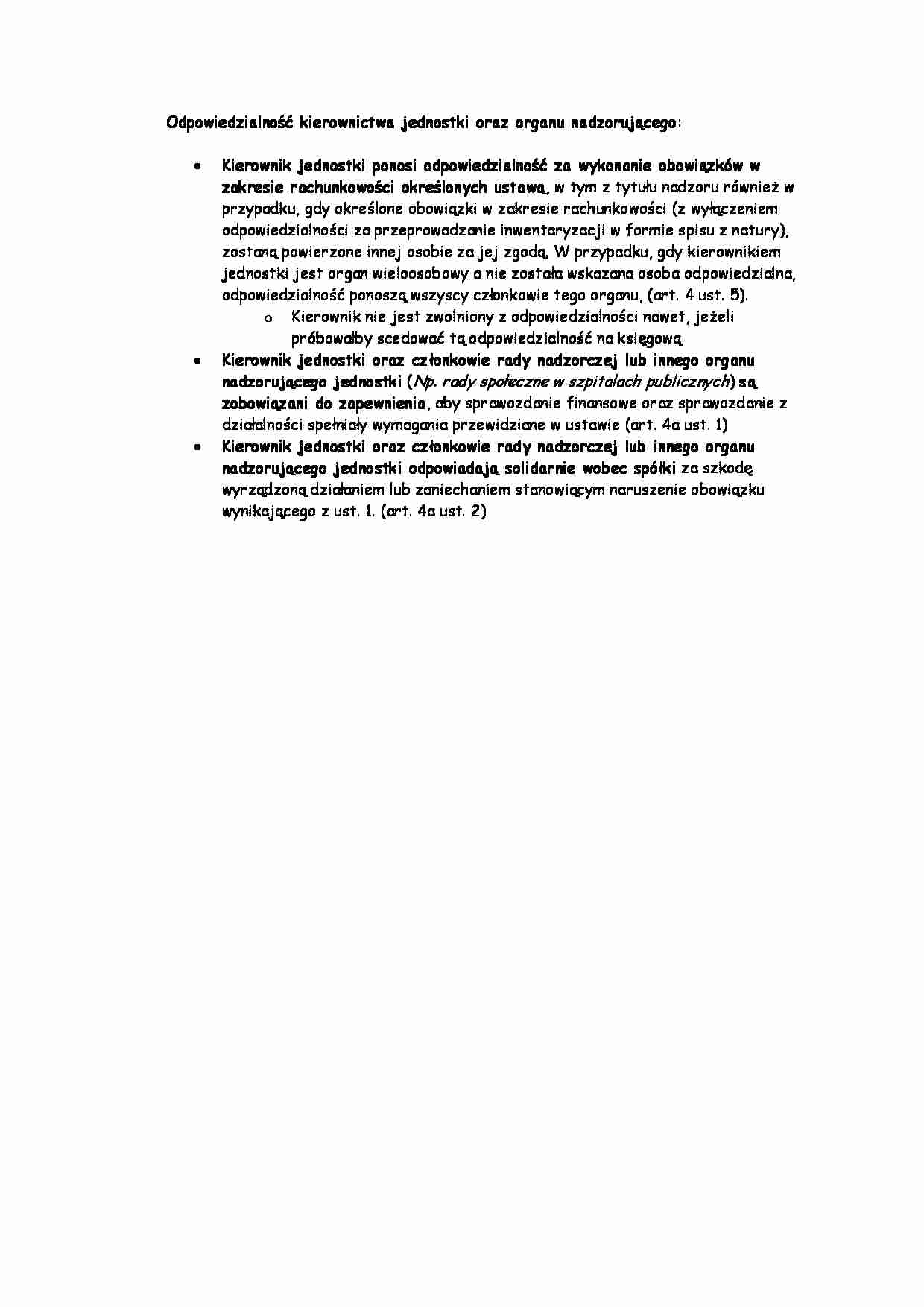 Odpowiedzialność kierownictwa jednostki oraz organu nadzorującego -opracowanie - strona 1