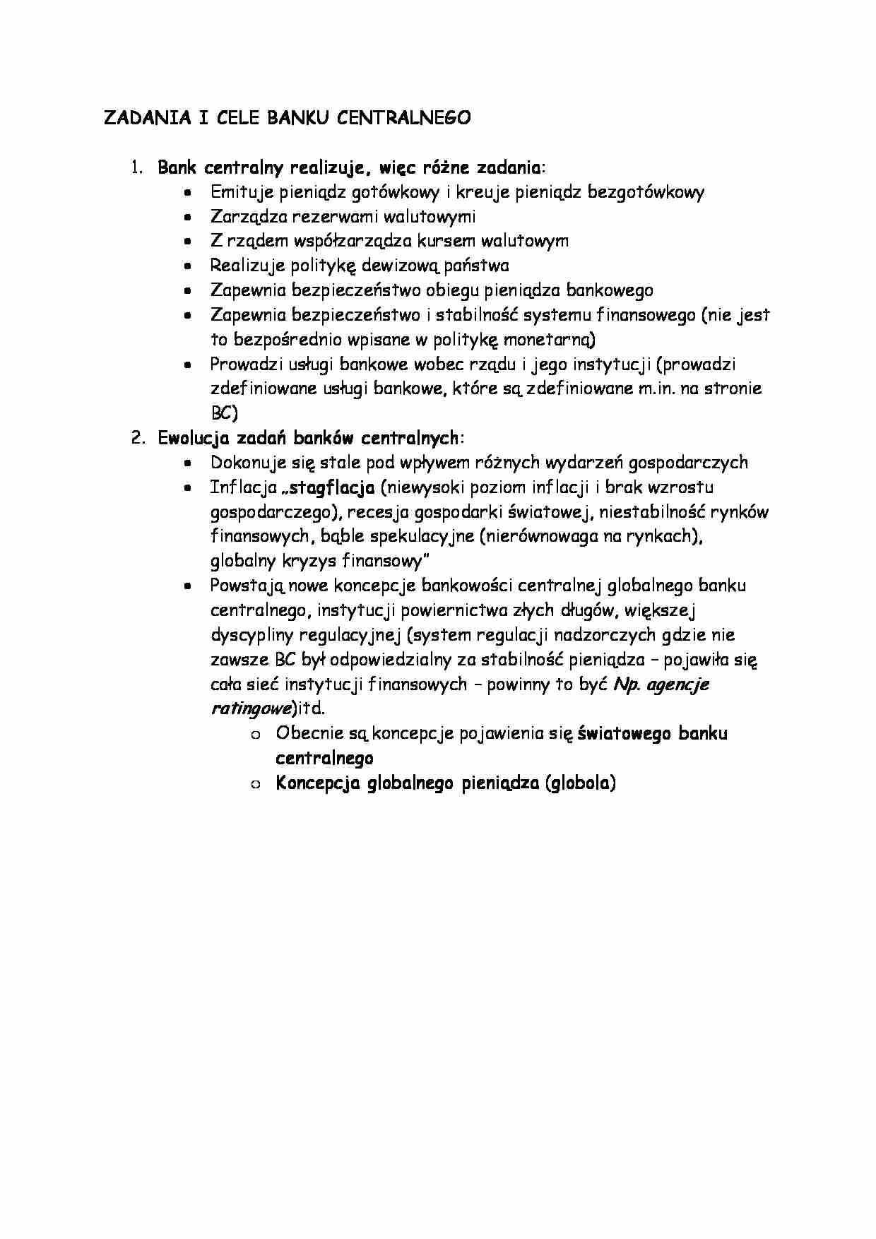 Zadania i cele banku centralnego -opracowanie - strona 1