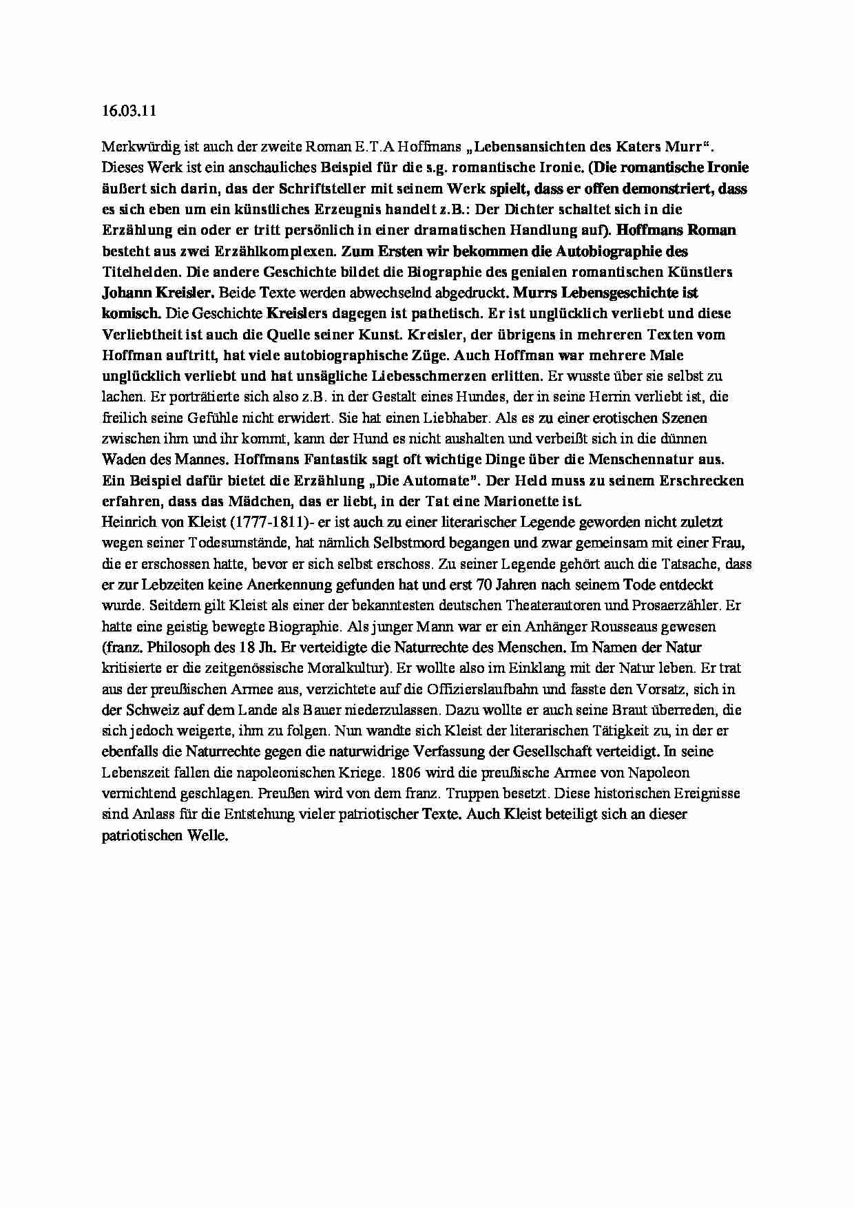 hoffmann murrs Kleist germanistyka IV rok - wykład - strona 1