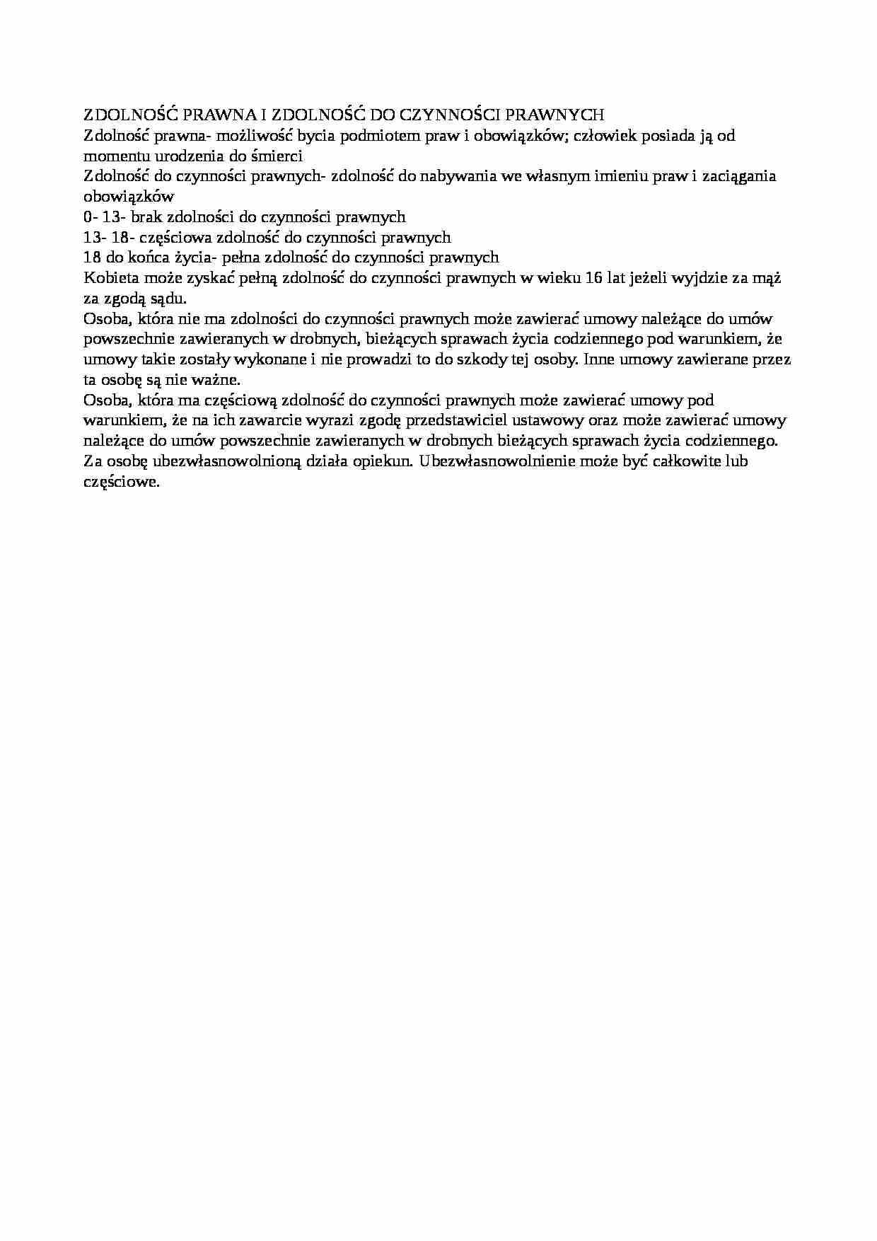 Zdolność prawna i zdolność do czynności prawnych-opracowanie - strona 1