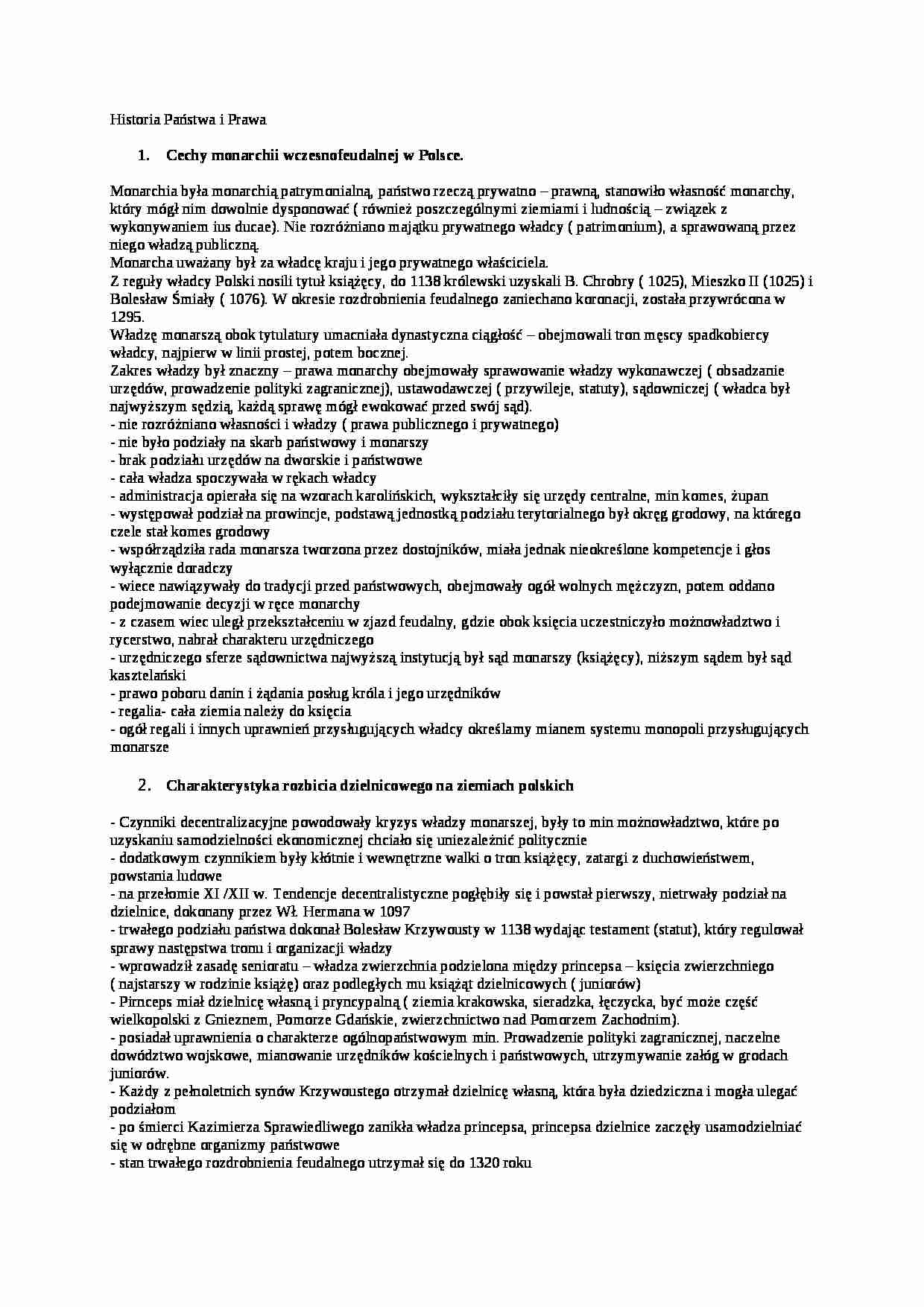 historia państwa i prawa polskiego - Cechy monarchii wczesnofeudalnej w Polsce - strona 1