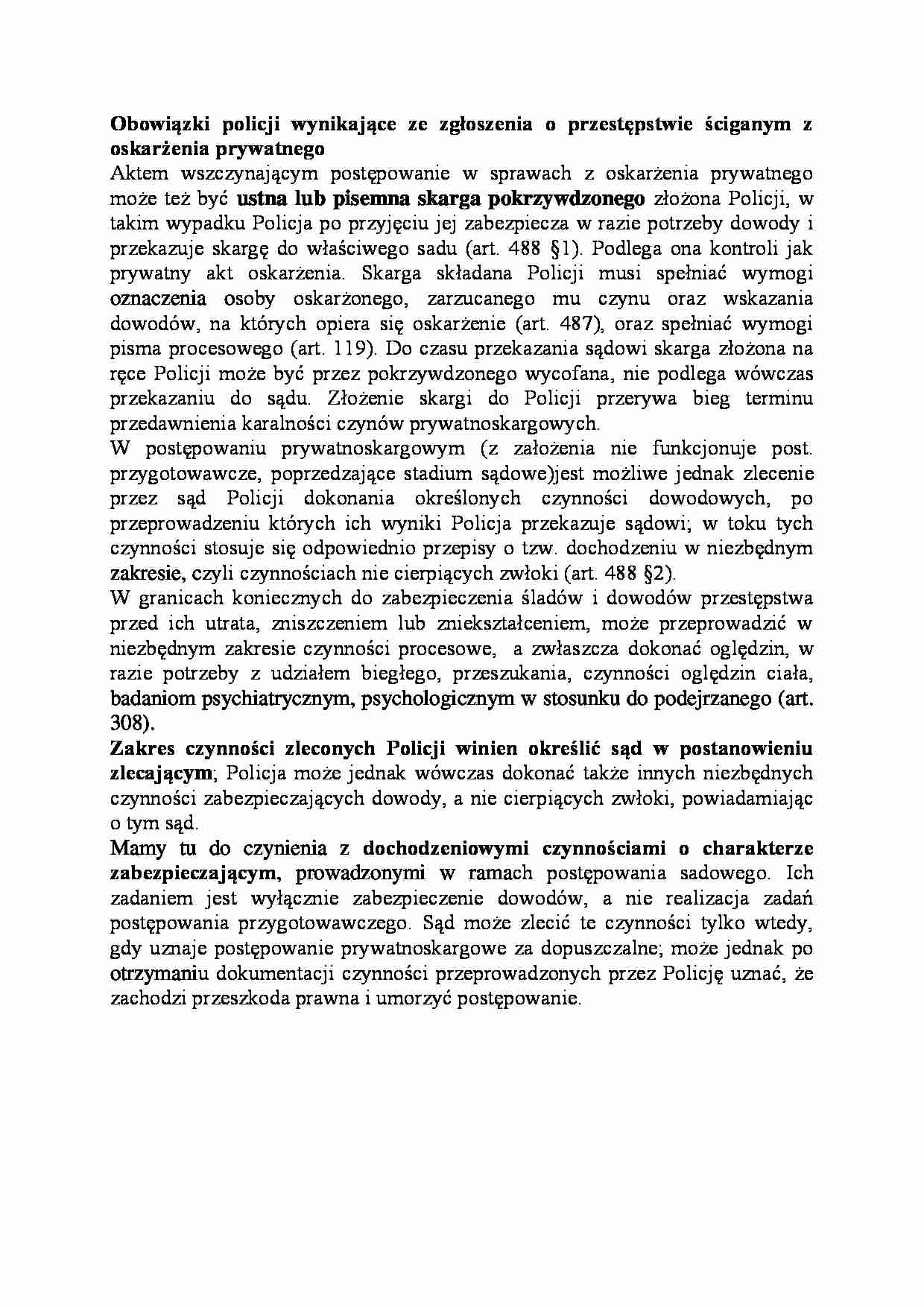 Obowiązki policji wynikające ze zgłoszenia o przestępstwie ściganym z oskarżenia prywatnego-opracowanie - strona 1