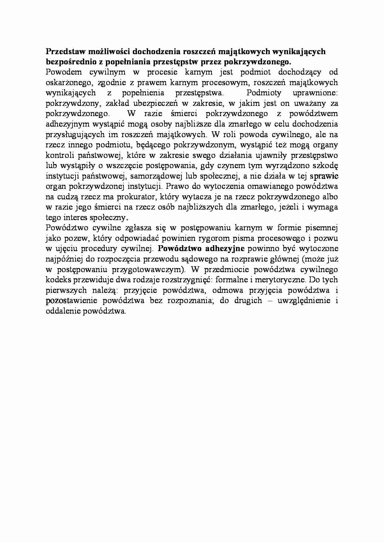 Możliwości dochodzenia roszczeń majątkowych wynikających bezpośrednio z popełniania przestępstw przez pokrzywdzonego-opracowanie - strona 1