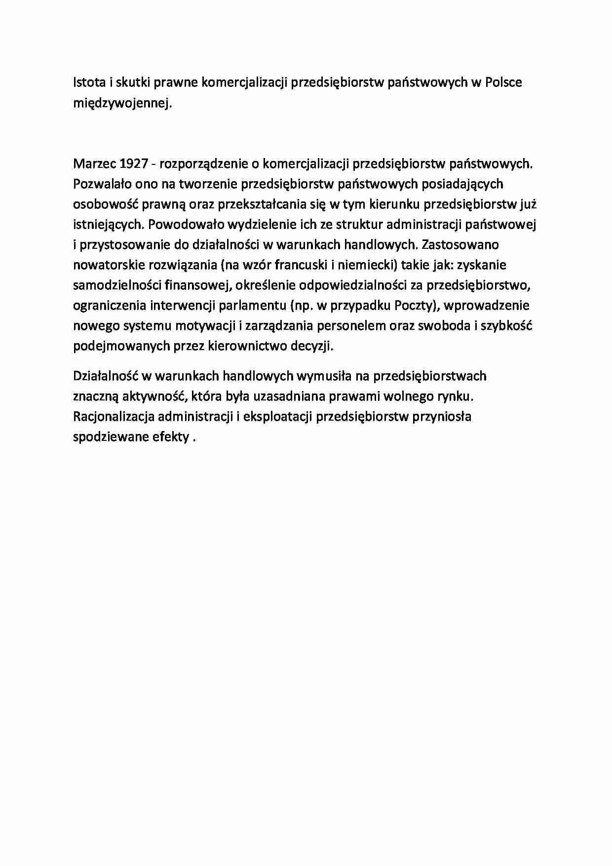 Istota i skutki prawne komercjalizacji przedsiębiorstw państwowych w Polsce międzywojennej-opracowanie - strona 1