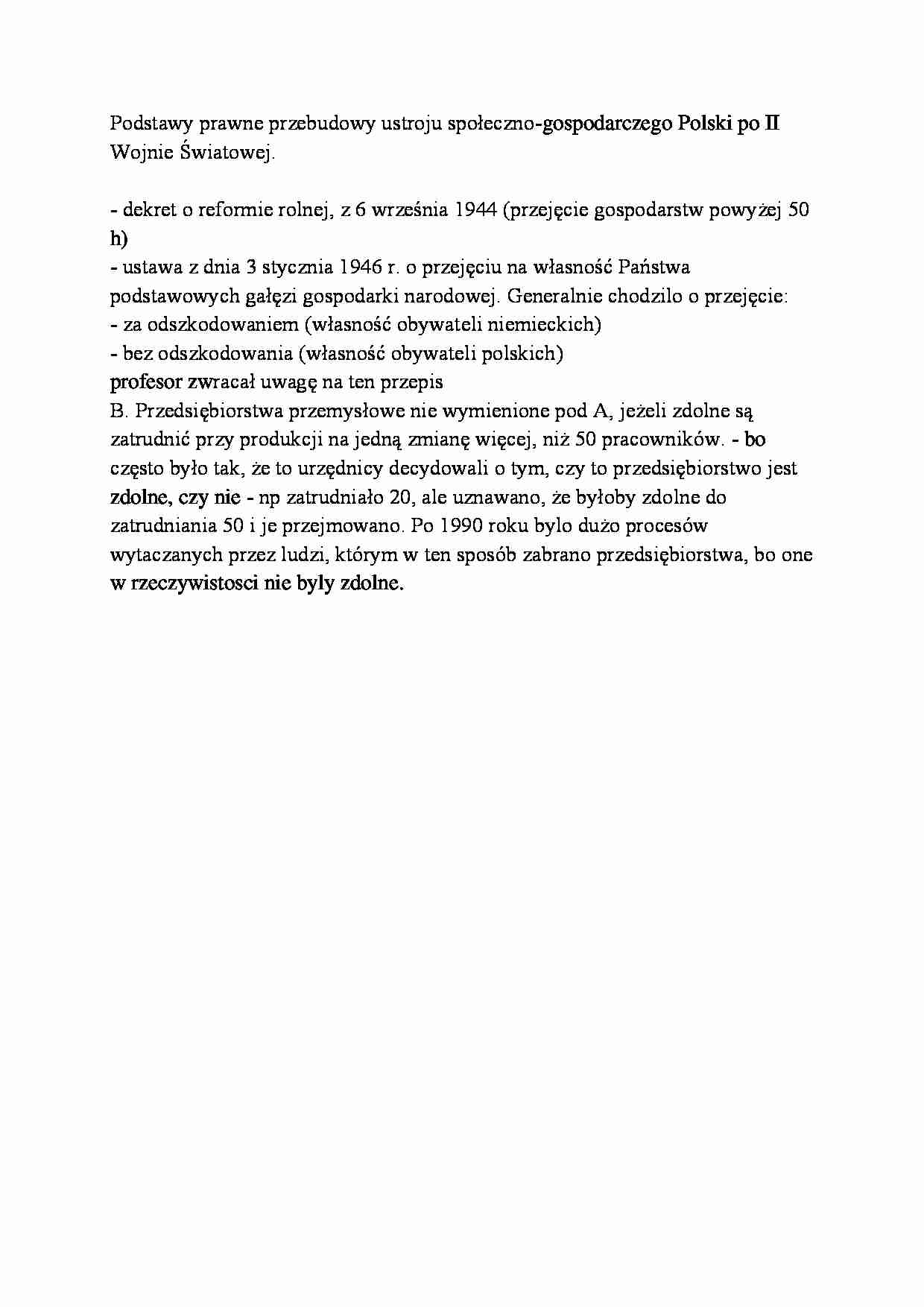 Podstawy prawne przebudowy ustroju społeczno-gospodarczego Polski po II Wojnie Światowej-opracowanie - strona 1