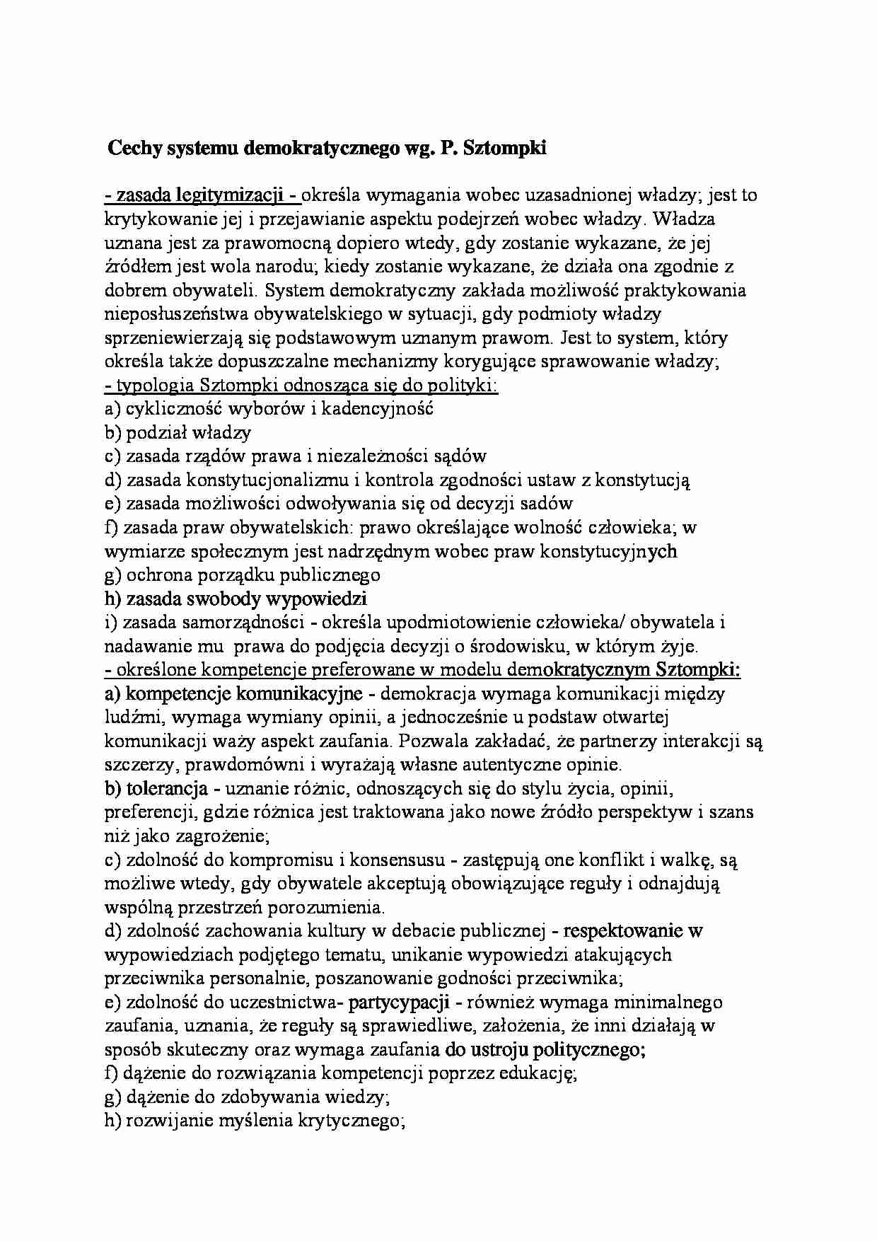 Cechy systemu demokratycznego wg P. Sztompki-opracowanie - strona 1