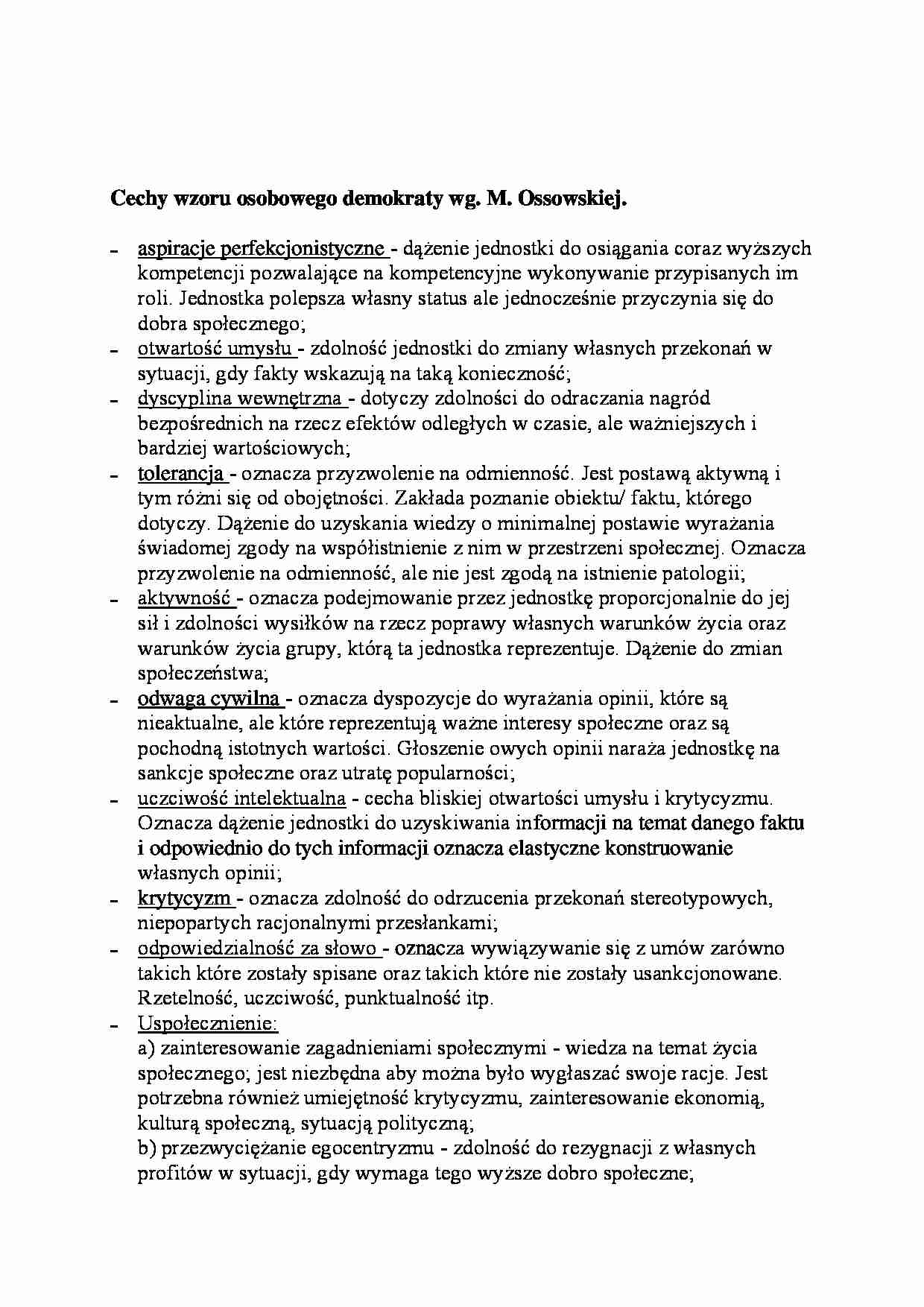 Cechy wzoru osobowego demokraty wg M. Ossowskiej-opracowanie - strona 1