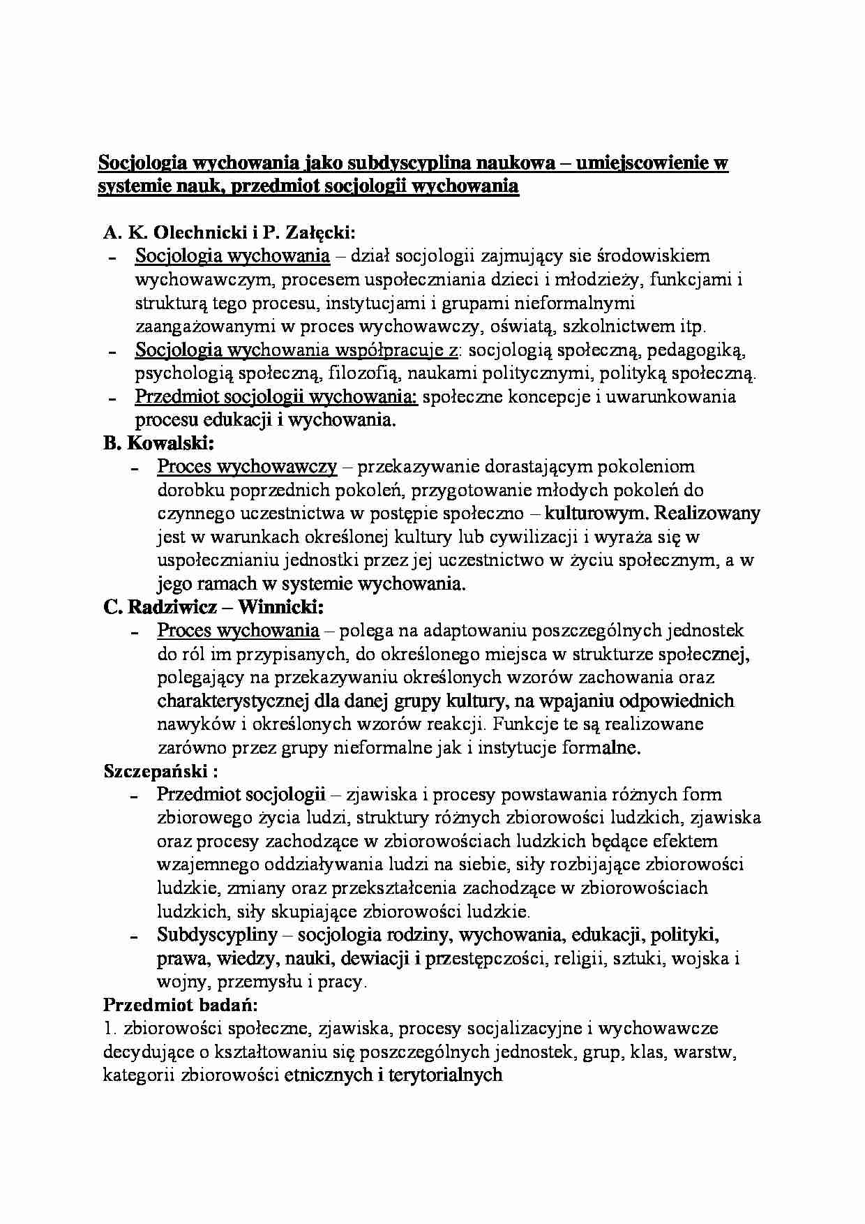 Socjologia wychowania jako subdyscyplina naukowa-opracowanie - strona 1