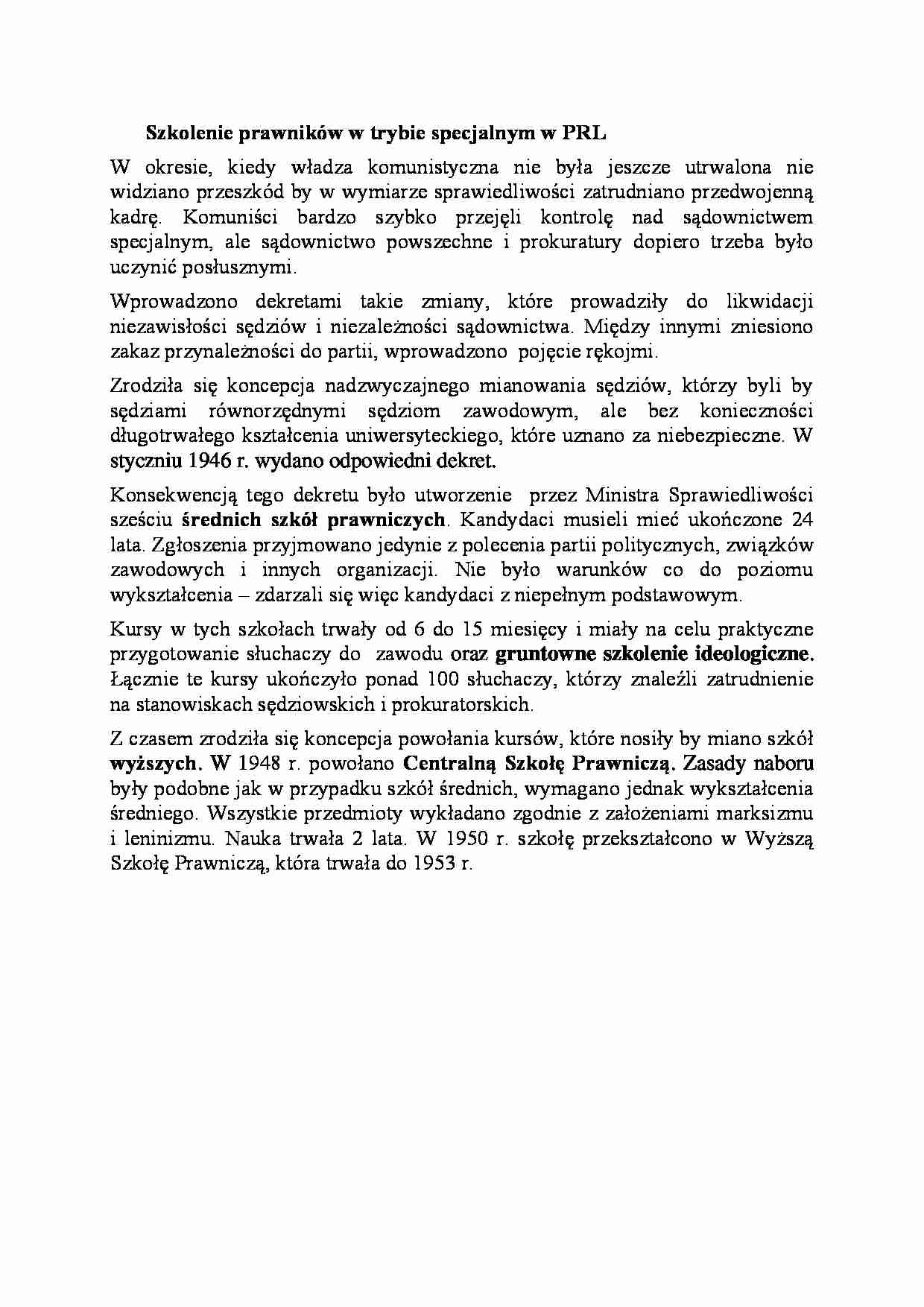 Szkolenie prawników w trybie specjalnym w PRL-opracowanie - strona 1