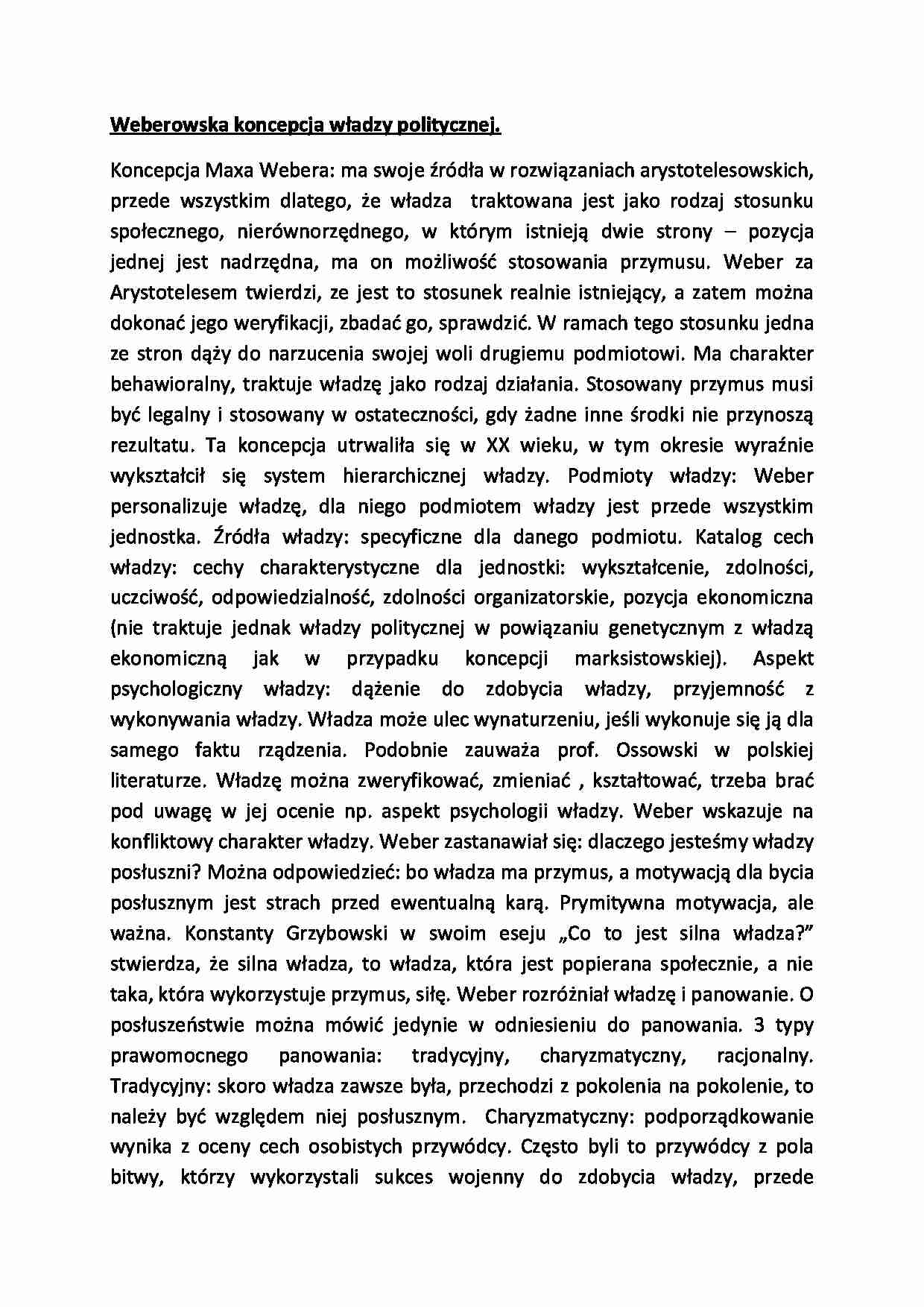 Weberowska koncepcja władzy politycznej-opracowanie - strona 1