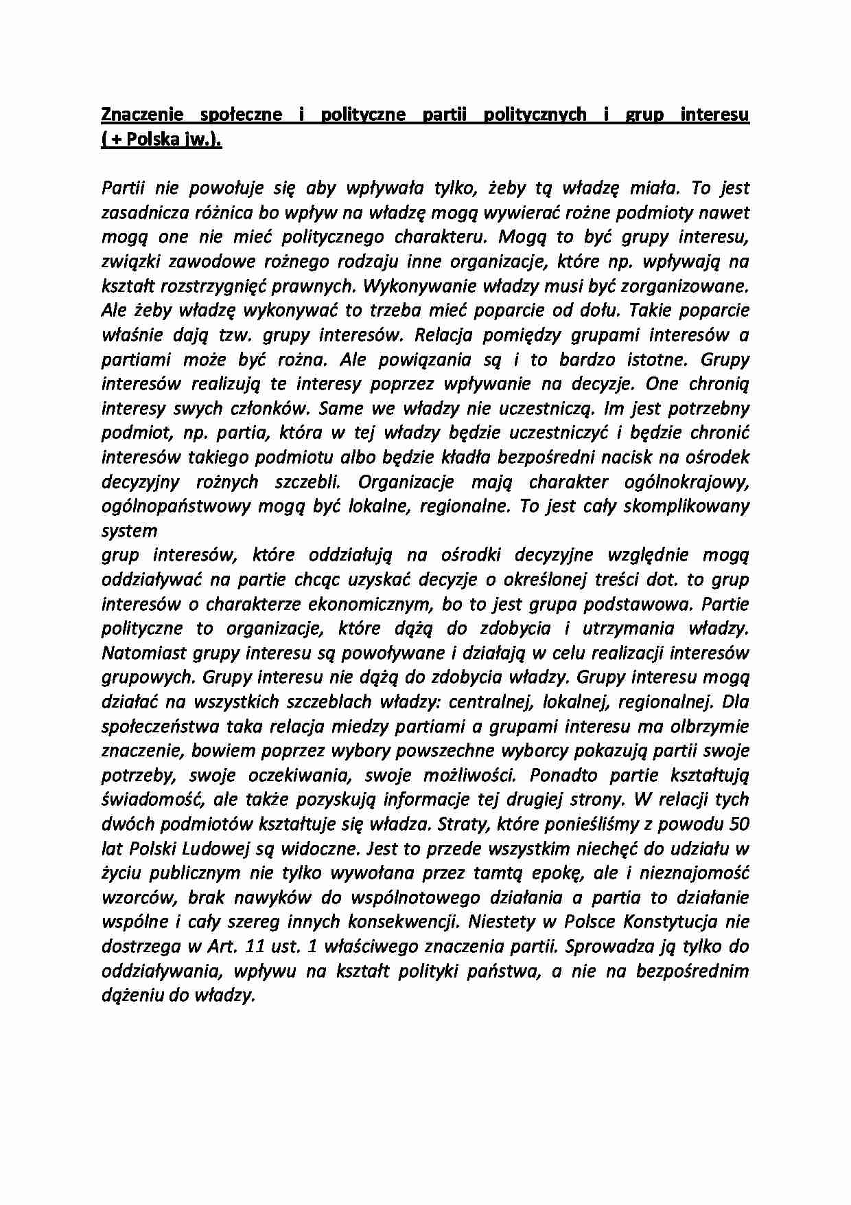 Znaczenie społeczne i polityczne partii politycznych i grup interesu-opracowanie - strona 1