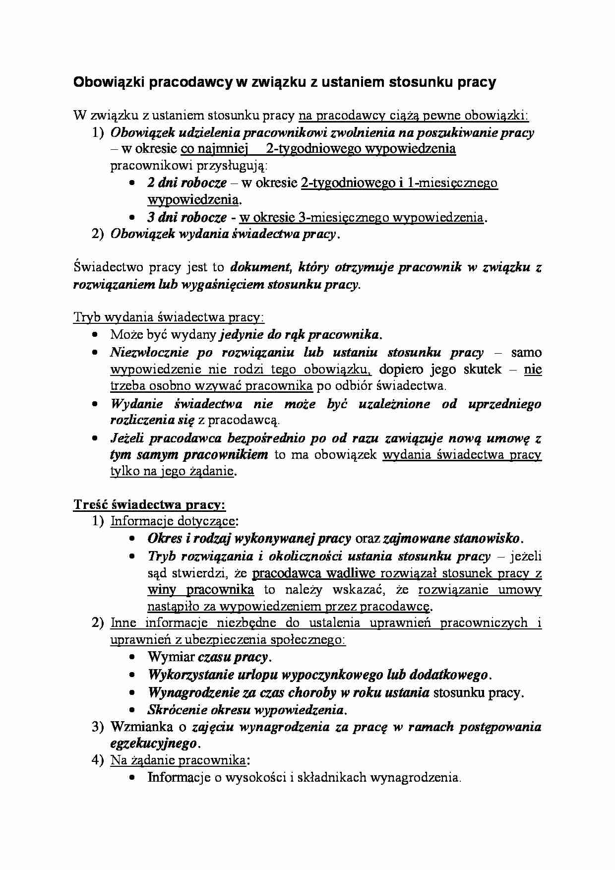 Obowiązki pracodawcy w związku z ustaniem stosunku pracy - strona 1