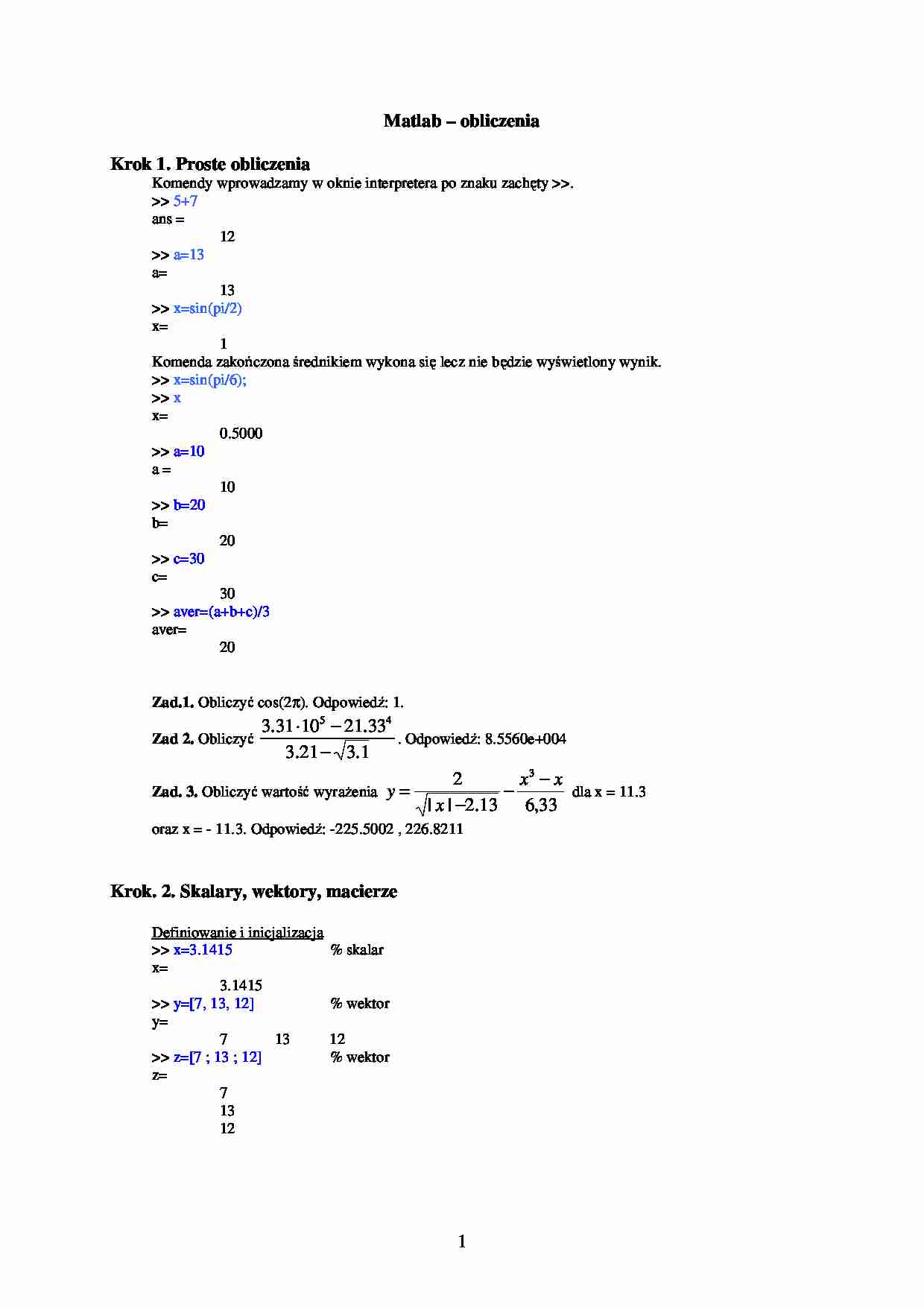 Matlab obliczenia - omówienie - strona 1