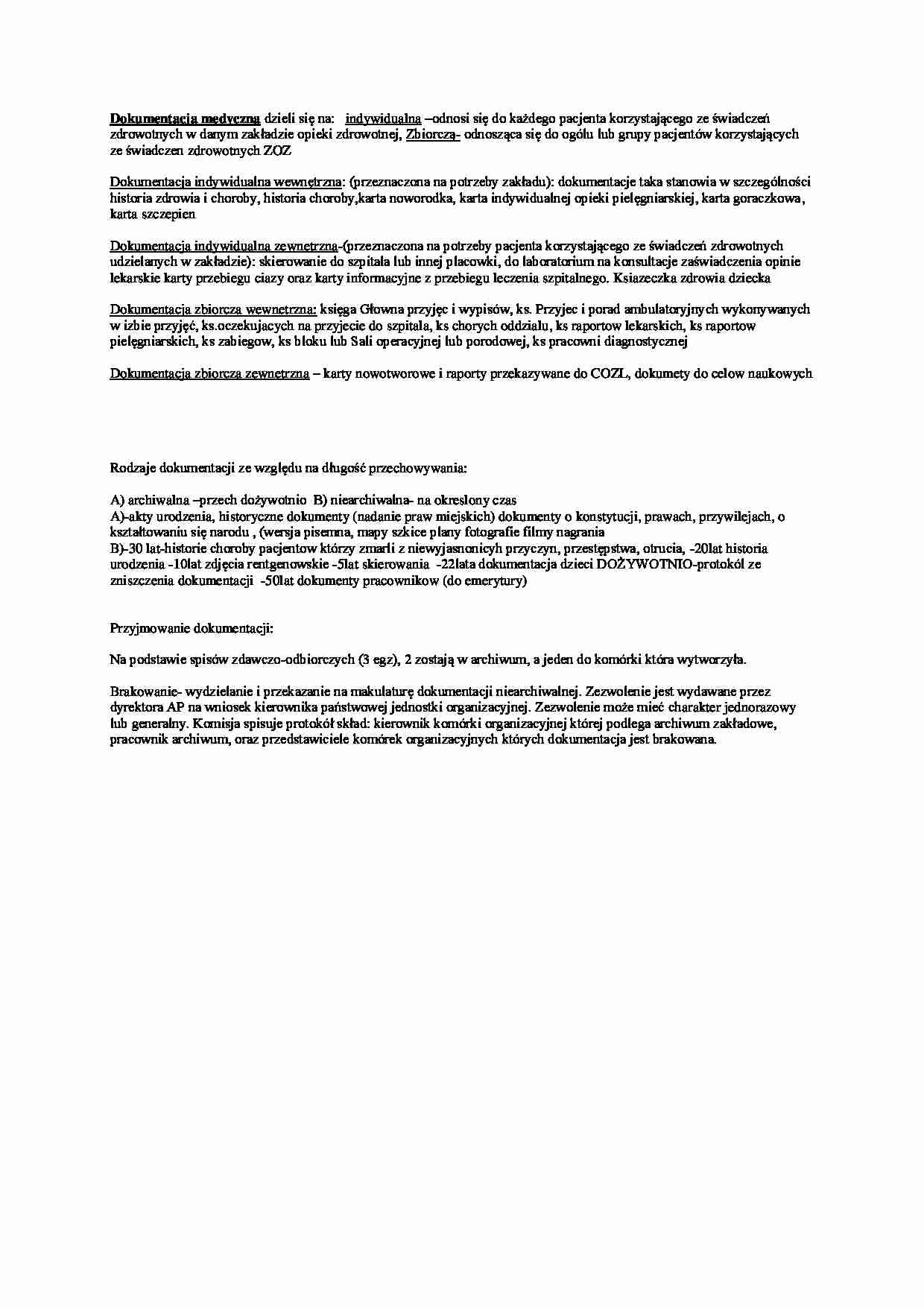 Rodzaje dokumentacji medycznej -opracowanie (sem.VI) - strona 1