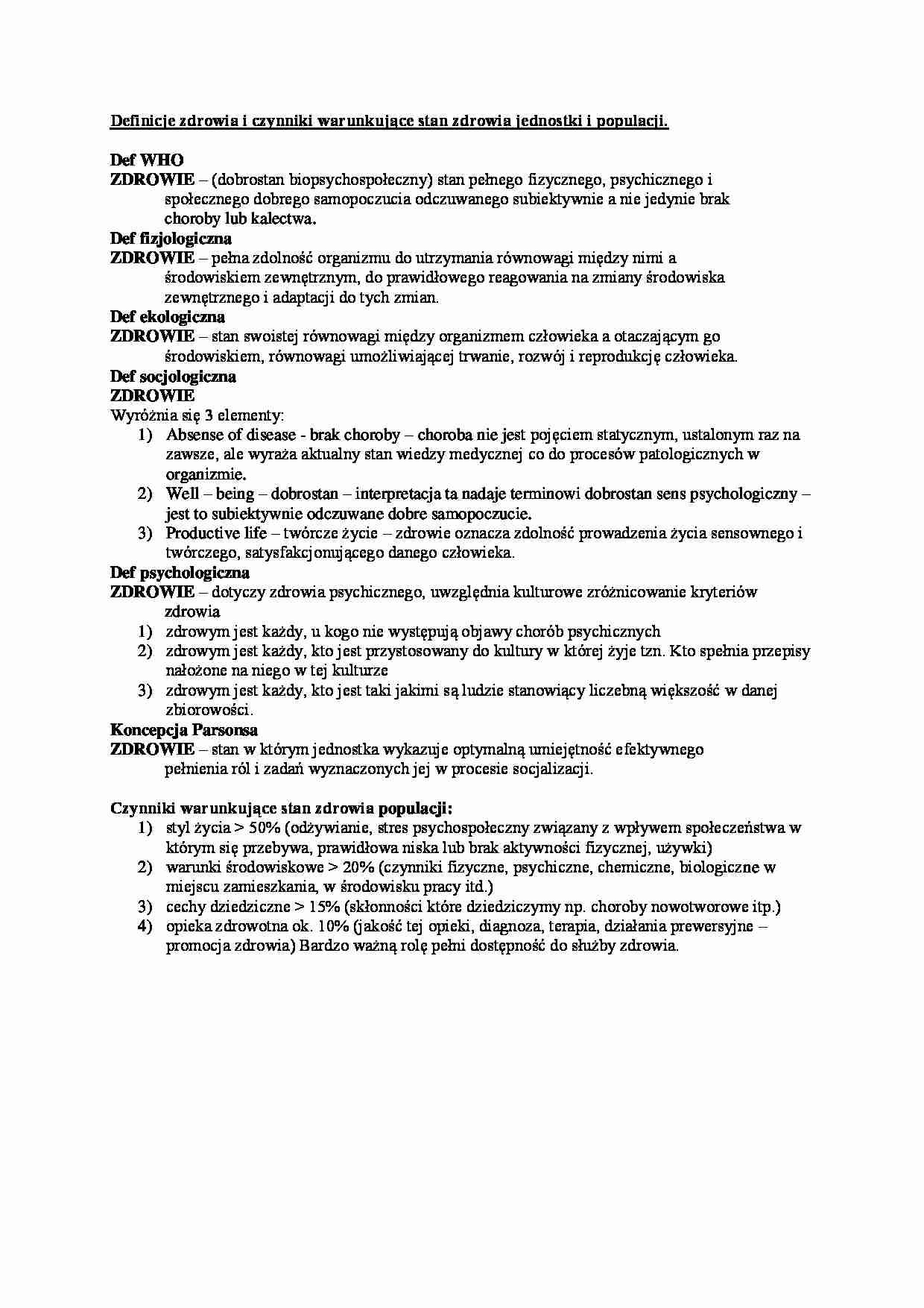 Definicje zdrowia i czynniki je warunkujące(semII-VI) - strona 1