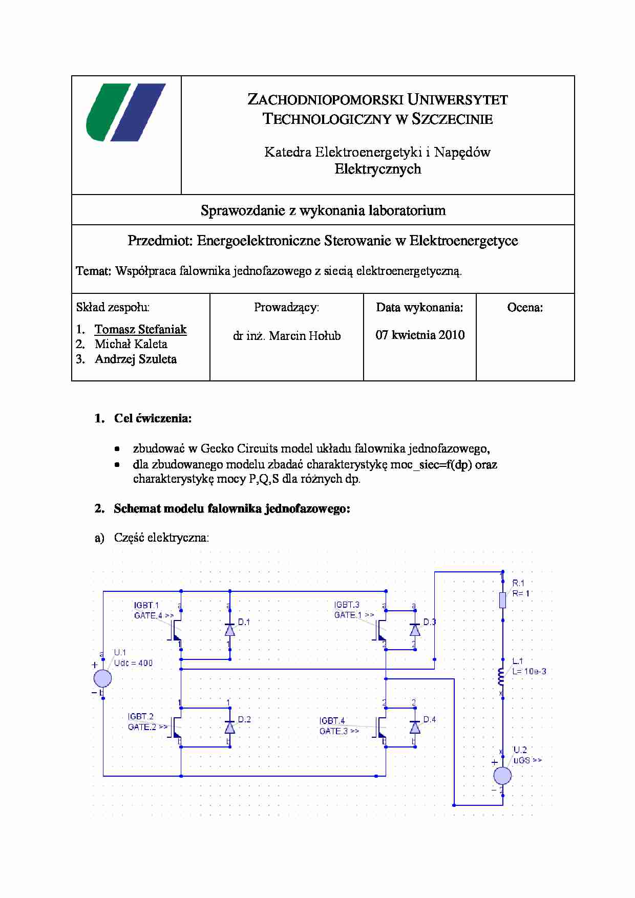 Sprawozdanie: Współpraca falownika jednofazowego z siecią elektroenergetyczną - strona 1
