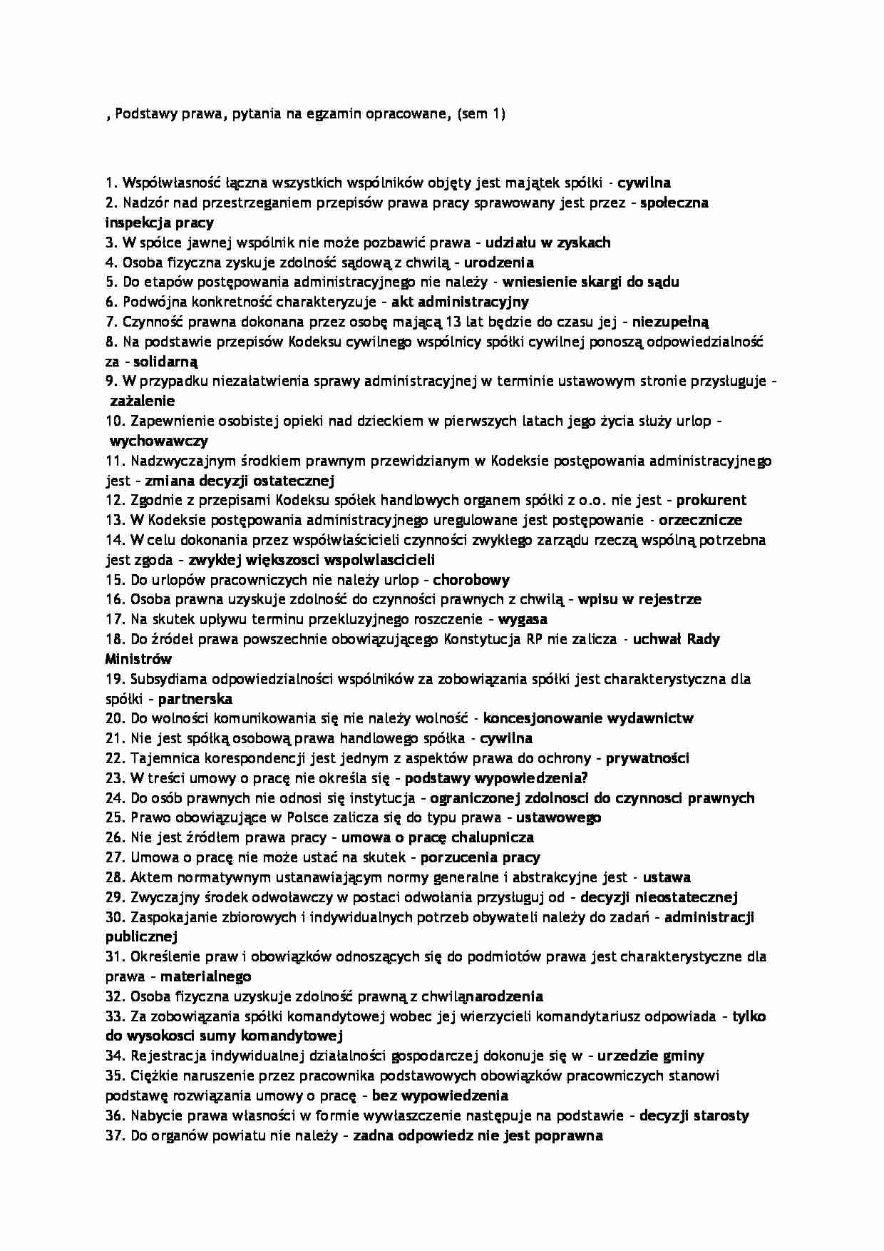 Podstawy Prawa - zagadnienia na egzamin (sem 1) - strona 1