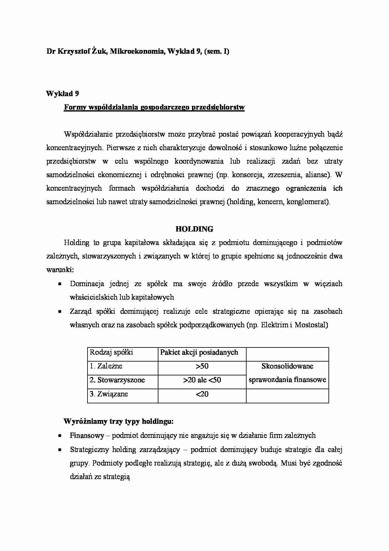 Mikroekonomia - wykład 9 (sem. I) - strona 1