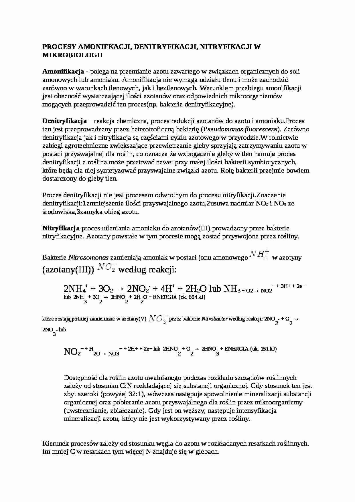 Amonifikacja, denitryfikacja, nitryfikacja - wykład - strona 1