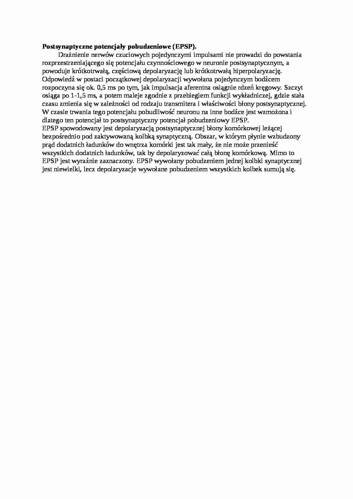Opracowanie  - postsynaptyczne potencjały pobudzeniowe (EPSP), sem I-IV - strona 1