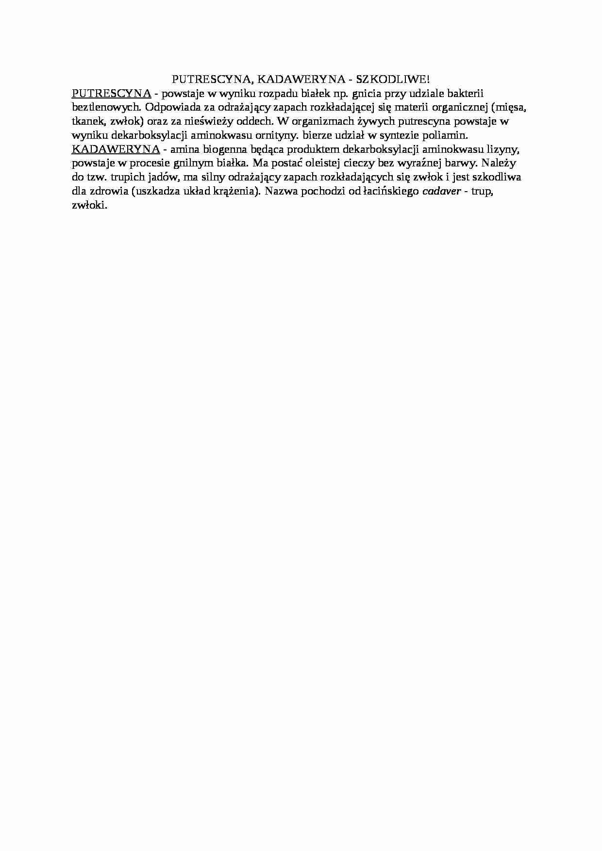Trawienie poligastryczne- putrescyna, kadaweryna - opracowanie, sem IV - strona 1