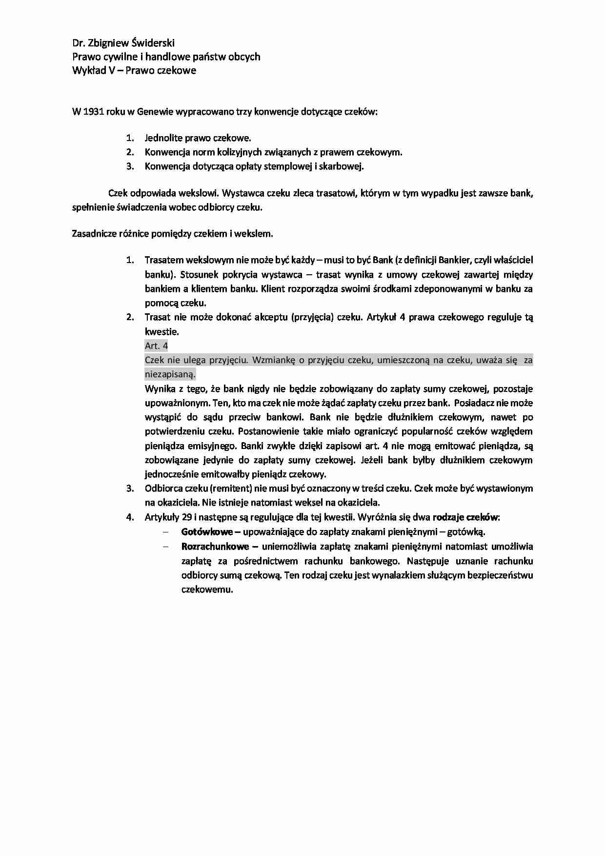 Prawo cywilne i handlowe państw obcych - Prawo czekowe - strona 1