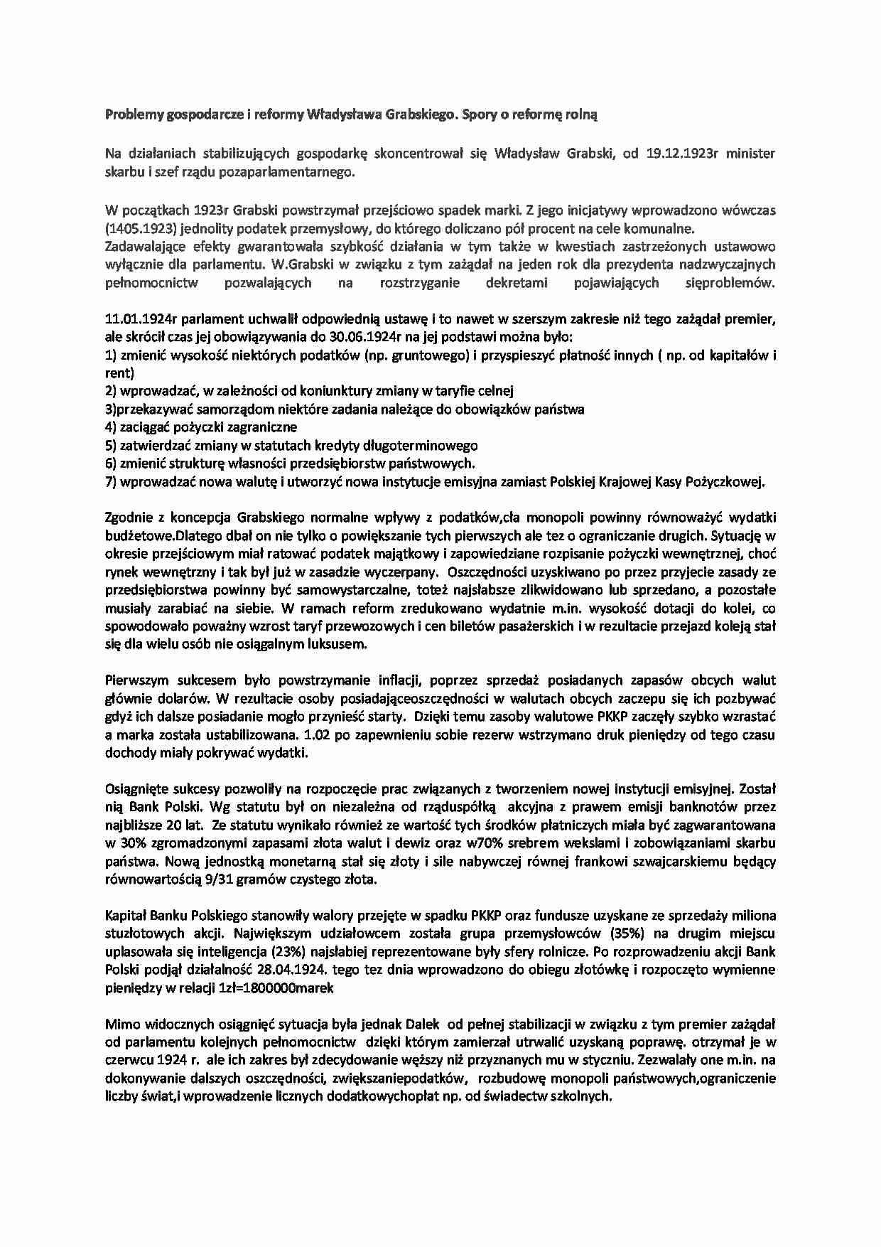 Problemy gospodarcze i reformy Władysława Grabskiego - wykład, 2sem - strona 1